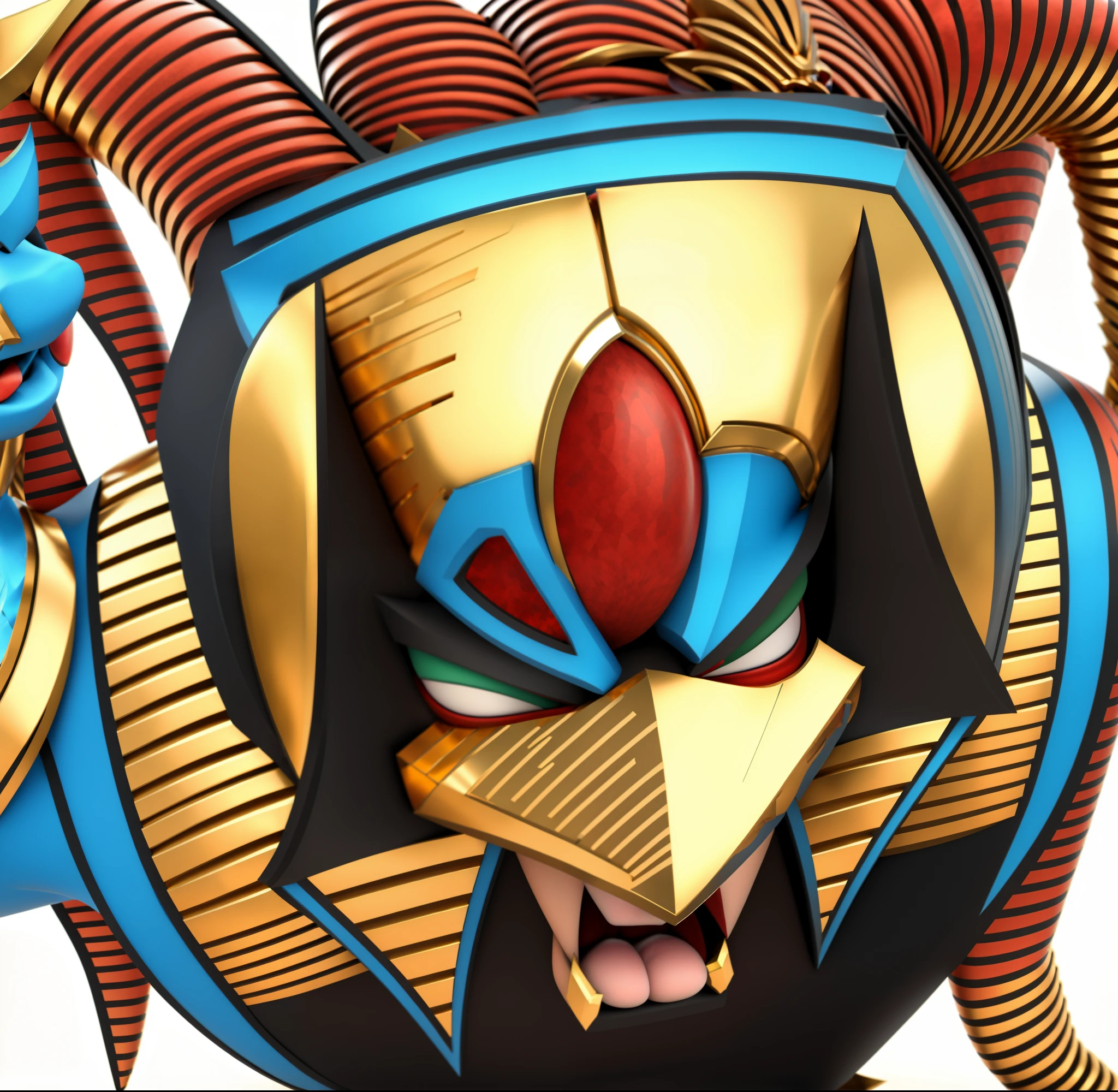 gold armor, egyptian god, mask, helmet, red hair, red eyes, red gem, top head gem, open mouth, furry, 3d, render, 3d model