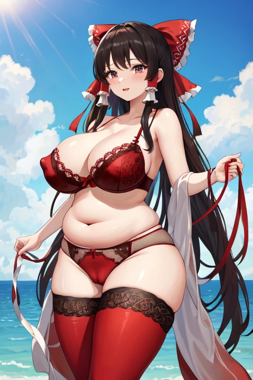 highest quality, masterpiece, High resolution, alone, {Hakurei_Reimu_East:1.15},Long black hair，Very big hips，Plump thighs，Big Breastature mother，Whipping the lower body，Red lace bra，Red lace pants，Her large nipples are erect and stick out.，She has very large breasts，Ocean，whole body，Her face is very pure and pretty