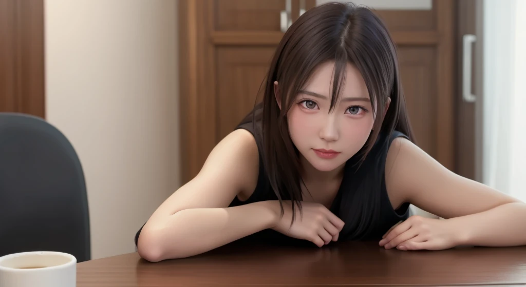 8k, highest quality, Tabletop:1.2), (Realistic, Photorealistic:1.37), highest quality, Tabletop, Beautiful young woman, Embarrassed look, Tie your hair back, Kamimei、Messy mood, Movie Background, tired, Light skin tone