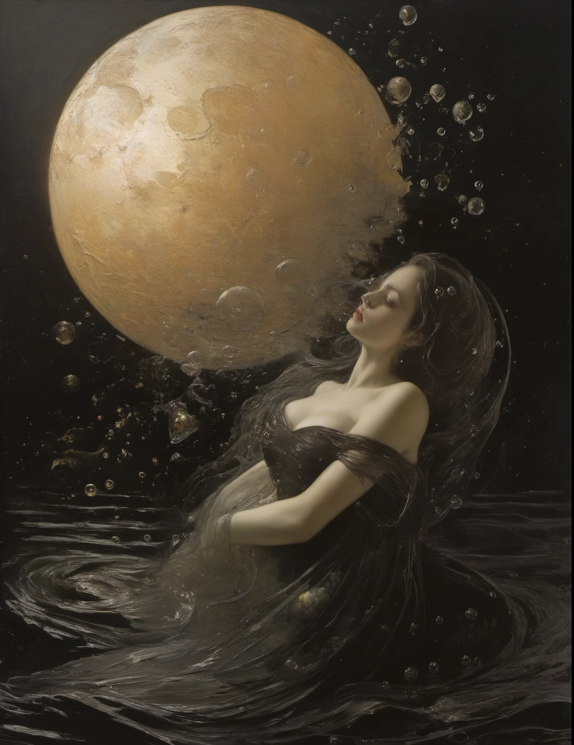 James Gurney, Surrealist art , dream-like, Mysterious, Provocative, symbolic, Complex, detailed,, (Gothic but very beautiful:1.4), (masterpiece, highest quality:1.4) , Nicola Samori Style, The moon kissed the mermaid , Water bubbles