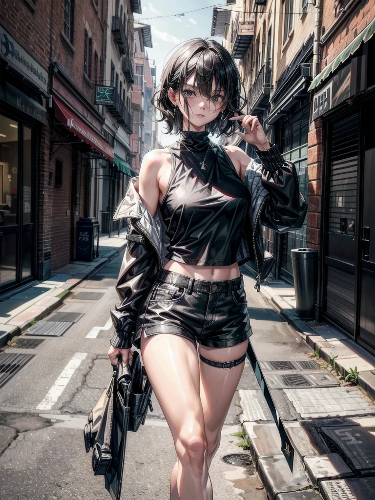 whole body, long sword, Black military uniform, Ladies' military vests, absurdres, RAW photo, extremely delicate and beautiful, masterpiece, Best Quality, ultra high resolution, 32k, hyperrealistic, ultra-detailed, tearful mole, earring, short medium hair, wavy hair, urban backdrop, shorts, midriff,