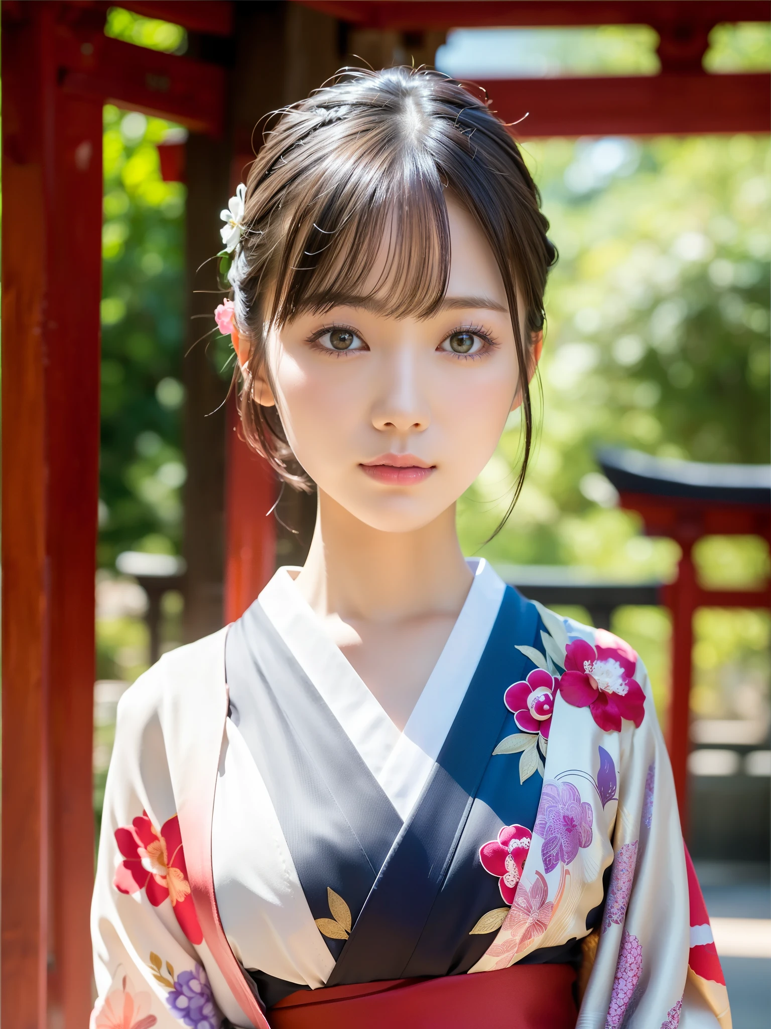 (highest quality:1.5)、(Real:1.5)、(1 person:1.5)、Medium Shot、(Very detailed)、(High resolution)、8k、Normal milk、Natural color lip、Japanese women、24 year old girl、Thin eyebrows、Beautiful and elegant face、Cute face、Arched thin eyebrows、(Large, balanced eyes)、Big Eyes、Fair skin、Beautiful and elegant face、Natural Bangs、Beautiful and thin nose、 Beautiful Skin、Medium Bob Hair、Natural Bangs、Perfect and beautiful facial features、Slim face and figure、(Bright lighting)、Professional Lighting、(Lighting from the front)、Outdoor、1 personの少女、Cute and sexy slim 24 year old woman、Fair skin、(A dreamy look)、(Kimono with furisode)、(Normal milk)、(Stand in front of the torii gate, facing forward)、Simple poses、(Beautiful Obi)、(First visit to a shrine)、(A row of vermilion torii gates)、(Japanese style floral pattern:1.0)、(Traditional Japanese classic patterns:1.2)、Japanese style hairpin、Japan hairpins、
