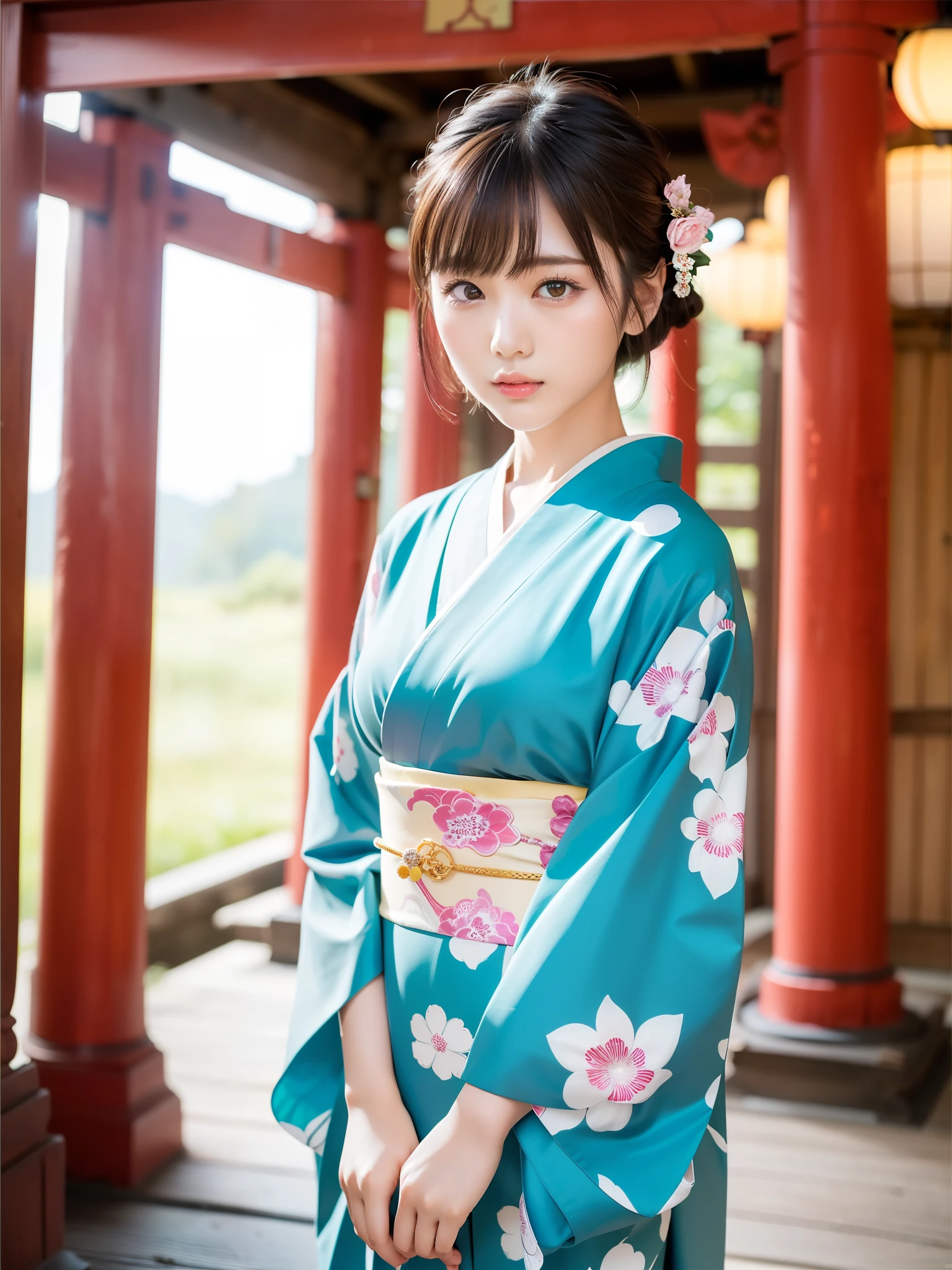 (highest quality:1.5)、(Real:1.5)、(1 person:1.5)、Medium Shot、(Very detailed)、(High resolution)、8k、Normal milk、Natural color lip、Japanese women、24 year old girl、Thin eyebrows、Beautiful and elegant face、Cute face、Arched thin eyebrows、(Large, balanced eyes)、Big Eyes、Fair skin、Beautiful and elegant face、Natural Bangs、Beautiful and thin nose、 Beautiful Skin、Medium Bob Hair、Natural Bangs、Perfect and beautiful facial features、Slim face and figure、（Bright lighting）、Professional Lighting、（Lighting from the front）、Outdoor、1 personの少女、Cute and sexy slim 24 year old woman、Fair skin、(A dreamy look)、(Kimono with furisode)、(Normal milk)、(Stand in front of the torii gate, facing forward）、Simple poses、(Beautiful Obi)、(First visit to a shrine)、(A row of vermilion torii gates)、(Japanese style floral pattern:1.0)、(Traditional Japanese classic patterns:1.2)、Japanese style hairpin、Japan hairpins、