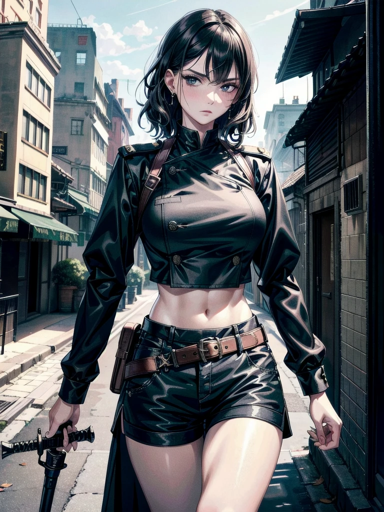 whole body, long sword, Black military uniform, Ladies' military vests, absurdres, RAW photo, extremely delicate and beautiful, masterpiece, Best Quality, ultra high resolution, 32k, hyperrealistic, ultra-detailed, tearful mole, earring, short medium hair, wavy hair, urban backdrop, shorts, midriff, 