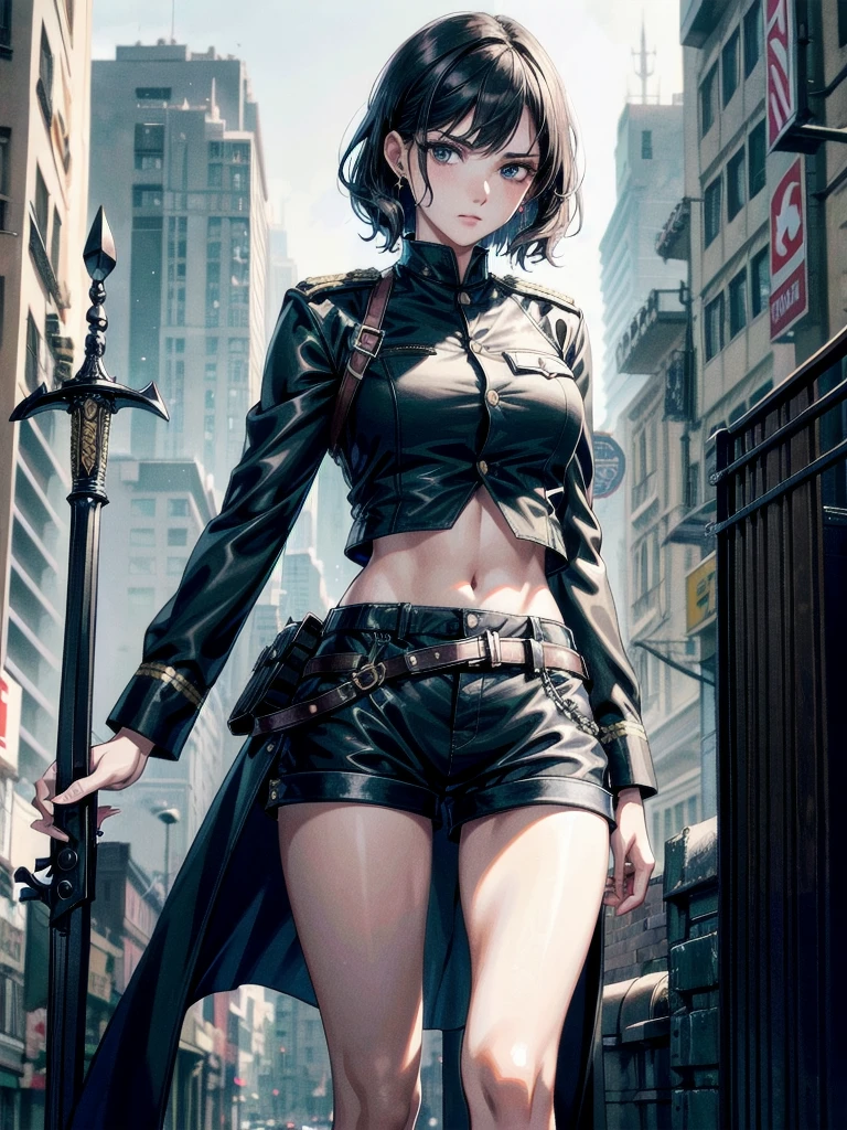 whole body, long sword, Black military uniform, Ladies' military vests, absurdres, RAW photo, extremely delicate and beautiful, masterpiece, Best Quality, ultra high resolution, 32k, hyperrealistic, ultra-detailed, tearful mole, earring, short medium hair, wavy hair, urban backdrop, shorts, midriff,