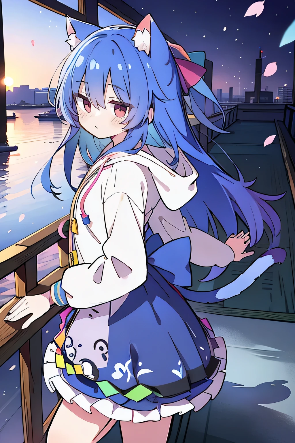(masterpiece:1.2),Super detailed,lifelike,Expressive eyes,fair skin,perfect face shape,1 girl,
Japanese comics,Gorgeous blue hair,flowing blue hair,flowing clothes,Cat ears,Petals fall,beautiful lola,Baby Angel,sunrise,
Shaking head with one hand,Cross your legs,Gentle and peaceful background,The pavilion is cool and comfortable,smile, wearing hoodie, background of tokyo,back views,snowing, winter.