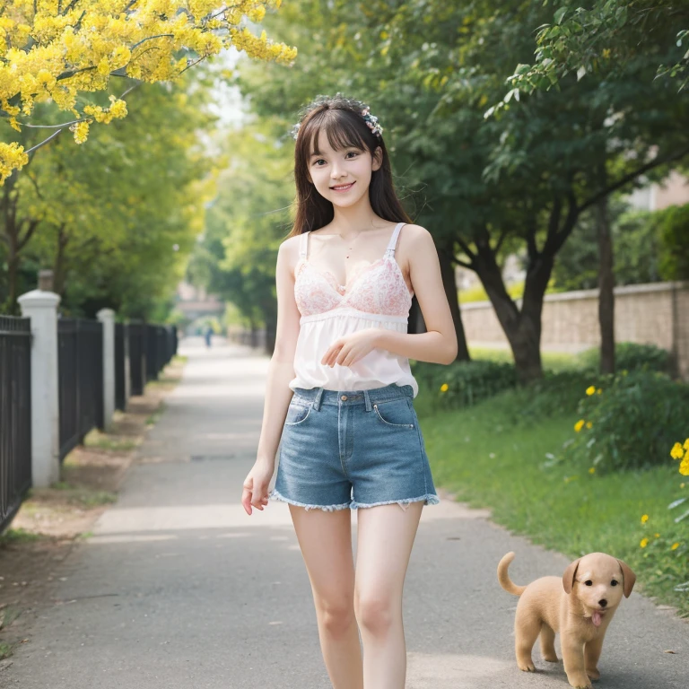 Highest quality,Front shot、Very attractive with a backpack, (((Standing and playing with a cute puppy))), Enjoy a lovely spring outing surrounded by beautiful yellow flowers and natural scenery. 1 girl,Cute face,smile,White kids bra、White kids panties、Knee socks、,Pink sneakers,The illustrations are in high resolution with 4K resolution., 12 year old girl with highly detailed facial features,Perfect hands,Perfect legs ,