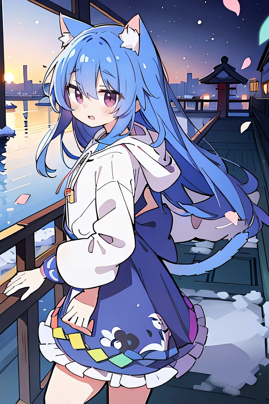 （masterpiece：1.2），Super detailed，lifelike，Expressive eyes，fair skin，perfect face shape，1 girl，
Japanese comics,Gorgeous blue hair,flowing blue hair,flowing clothes,Cat ears,Petals fall,beautiful lola,Baby Angel,sunrise,
Shaking head with one hand，Cross your legs，Gentle and peaceful background，The pavilion is cool and comfortable,smile, wearing hoodie, background of tokyo,back views,snowing, winter.