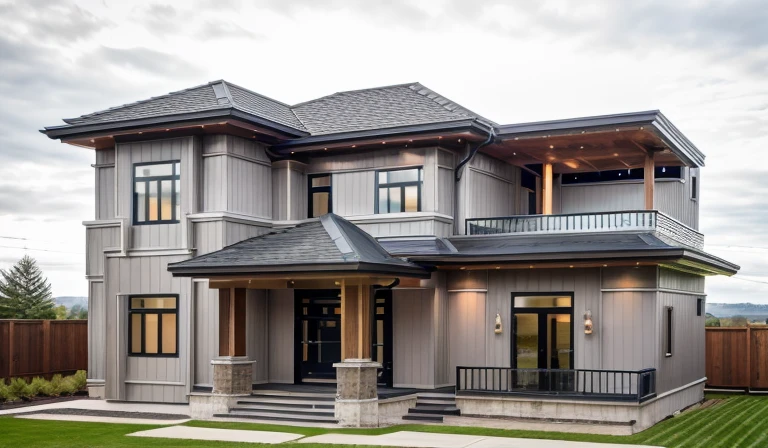 house exterior contemporary style, modernism, glass doors and windows,black metal rail, conwood ceilling, masterpiece, highquality, realistic photo, canon eos 5D mark, natural light,