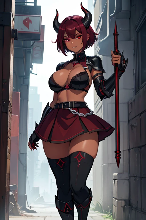 female, silver short hair, red eyes, dark skin, curved black horns, (((1girl))), (((metal gauntlets))), (knee high metal heeled boots), (black bra), (black panties), (maroon quarter skirt), (brown belt), (black thigh high socks), cute and sexy, long legs, full body, large breasts, large butt, smirking, holding spear