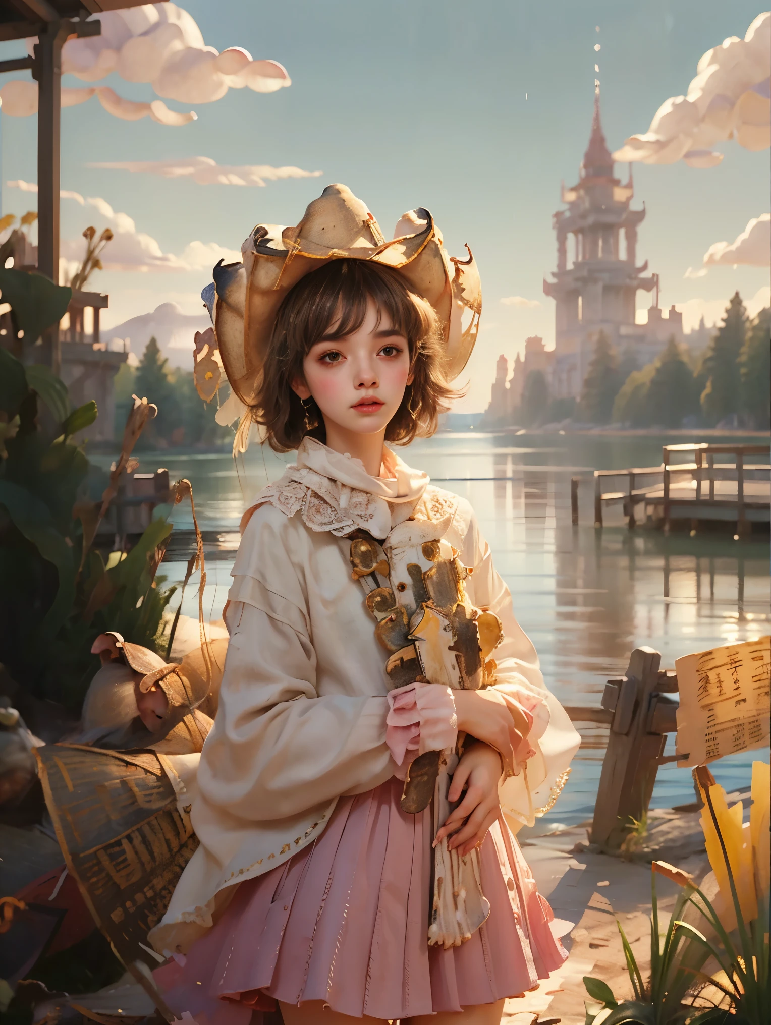 (Vision)，(panoramic:1.5)，(Wide-angle shooting:1.3)，1girl, beauty, Short brown hair，Beautiful eyes，The background is the pink sea under the sunset，****ta style，Second Dimension，Masterpiece，High quality and high resolution，comics，Small fresh, (cowboy shot:1.8), UHD, retina, ccurate, anatomically correct, textured skin, super detail, award winning, best quality, 8k