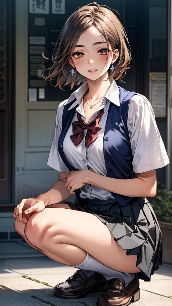 (masterpiece:1.2, top-quality), (realistic, photorealistic:1.4), beautiful illustration, (natural side lighting, movie lighting), nsfw, 
beautiful detailed hair, beautiful detailed face, beautiful detailed eyes, beautiful clavicle, beautiful body, beautiful chest, beautiful thigh, beautiful legs, beautiful hands, 
looking at viewer, 1 girl, japanese, high school girl, perfect face, cute and symmetrical face, shiny skin, 
(short hair, pixie straight hair, brown hair), forehead, gray eyes, slant eyes, big eyes, long eye lasher, (large breasts), (small ass, thin thighs), slender, outstanding style, 
(detailed cloth texture, short sleeve white collared shirt, navy school vest, navy pleated skirt, navy bow tie), earrings, necklace, 
(beautiful scenery), amusement park, go-round, ferris wheel, (squatting, crouching, hands on chest, skirt hold), (seductive smile, upper eyes, parted lips), 