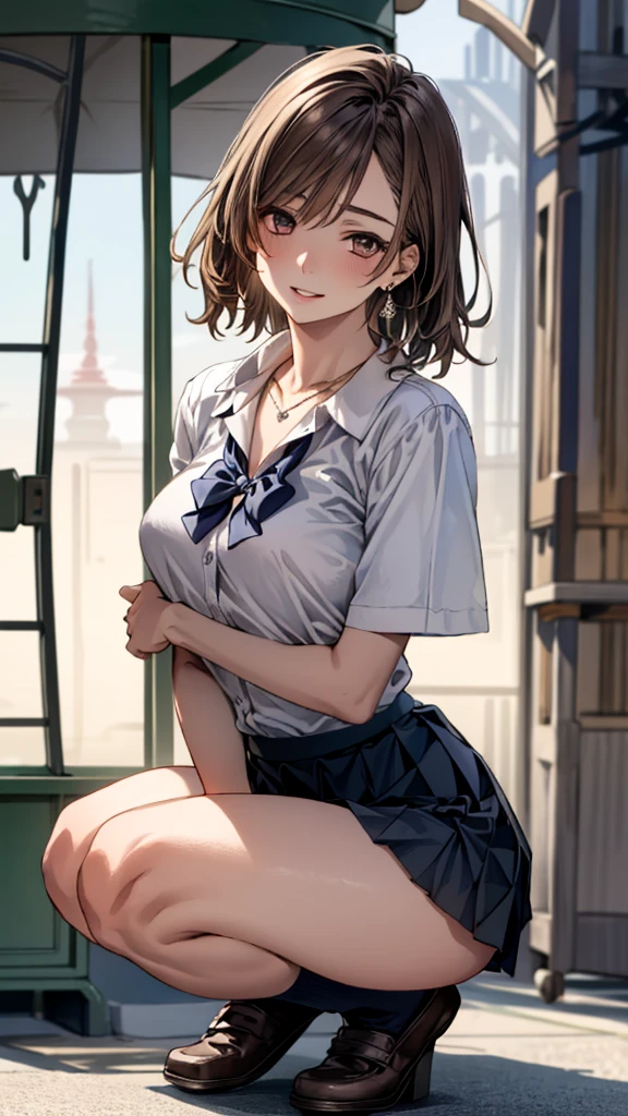 (masterpiece:1.2, top-quality), (realistic, photorealistic:1.4), beautiful illustration, (natural side lighting, movie lighting), nsfw, 
beautiful detailed hair, beautiful detailed face, beautiful detailed eyes, beautiful clavicle, beautiful body, beautiful chest, beautiful thigh, beautiful legs, beautiful hands, 
looking at viewer, 1 girl, japanese, high school girl, perfect face, cute and symmetrical face, shiny skin, 
(short hair, pixie straight hair, brown hair), forehead, gray eyes, slant eyes, big eyes, long eye lasher, (large breasts), (small ass, thin thighs), slender, outstanding style, 
(detailed cloth texture, short sleeve white collared shirt, navy school vest, navy pleated skirt, navy bow tie), earrings, necklace, 
(beautiful scenery), amusement park, go-round, ferris wheel, (squatting, crouching, hands on chest, skirt hold), (seductive smile, upper eyes, parted lips), 