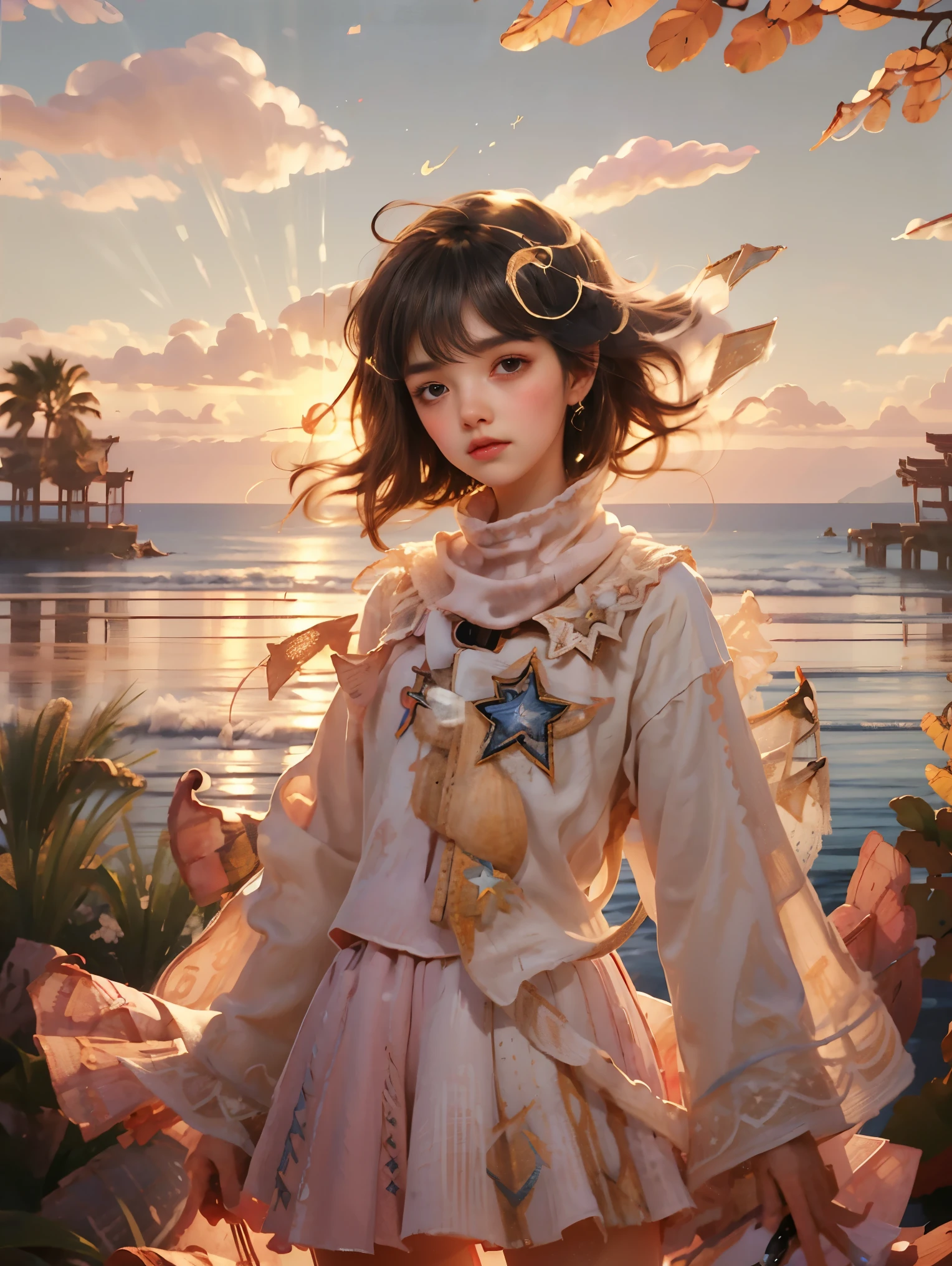 (Vision)，(panoramic:1.5)，(Wide-angle shooting:1.3)，1girl, beauty, Short brown hair，Beautiful eyes，The background is the pink sea under the sunset，****ta style，Second Dimension，Masterpiece，High quality and high resolution，comics，Small fresh, (cowboy shot:1.8), UHD, retina, ccurate, anatomically correct, textured skin, super detail, award winning, best quality, 8k