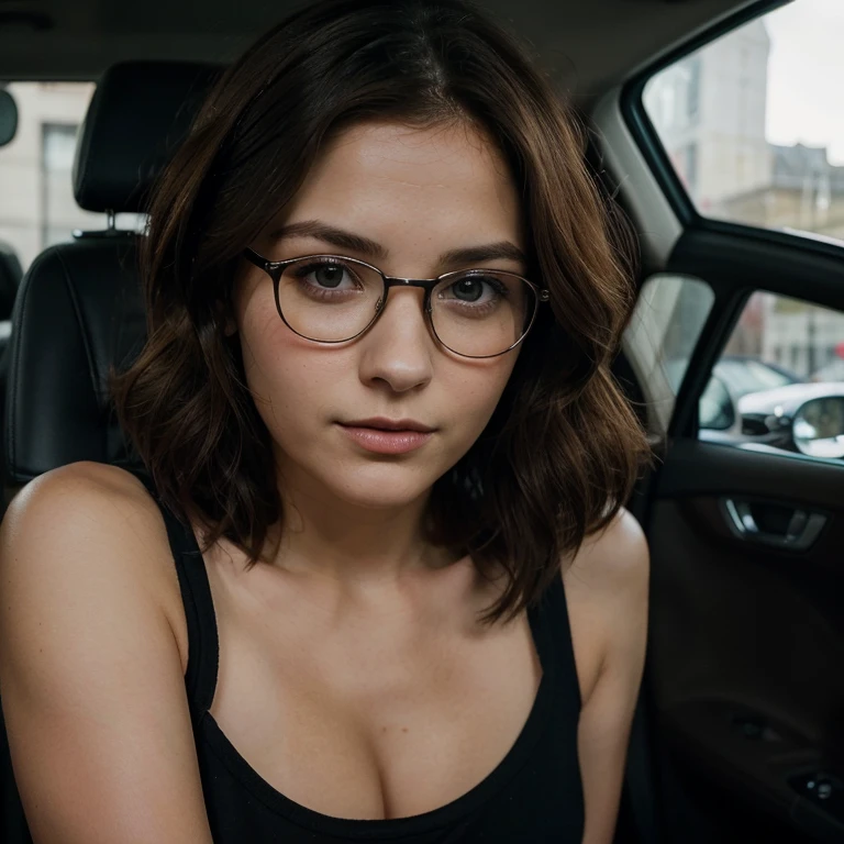 She is a woman in her early twenties, with an appearance that combines the classic elegance of Jenna Coleman with the touch of determination of Jill Valentine from Resident Evil. Her brown hair falls in soft curls to her shoulders, framing a delicate face adorned with expressive, piercing eyes. She wears glasses. She has an intellectual charm to her look. She wears a black shirt with a detective print. Her posture is happy, and her presence radiates a mixture of intelligence, courage, and grace. She is making a face. she is in a car