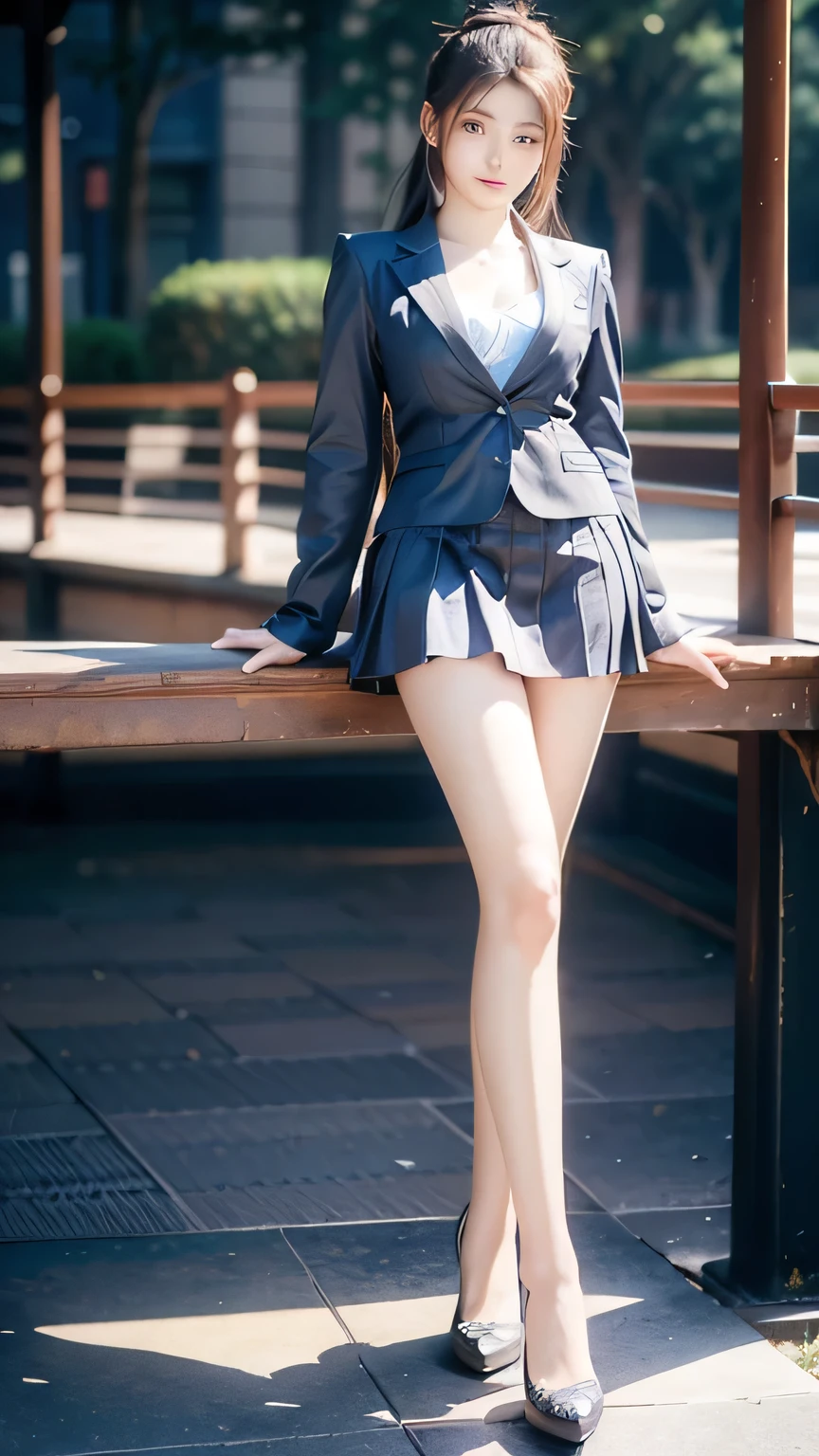 An innocent 20-year-old girl, (blazer school uniform:1.1), (high heels), (Dramatic Pose),smile, (High Ponytail),natural Park、RAW Photos, (8k, highest quality, masterpiece:1.2), (Intricate details:1.4)、(Photorealistic:1.4), Octane Rendering, Complex 3D rendering with ultra-detail, Studio Soft Light, Rim Light, Vivid details, Super Detail, Realistic skin texture, Detailed aspect, Beautiful details in the eyes, Highly detailed CG Unity 16k wallpaper, compensate, (Detailed Background:1.1), Glowing Skin, whole body, ((thin legs)), small waist, Cleavage, (looking at viewer:1.1)