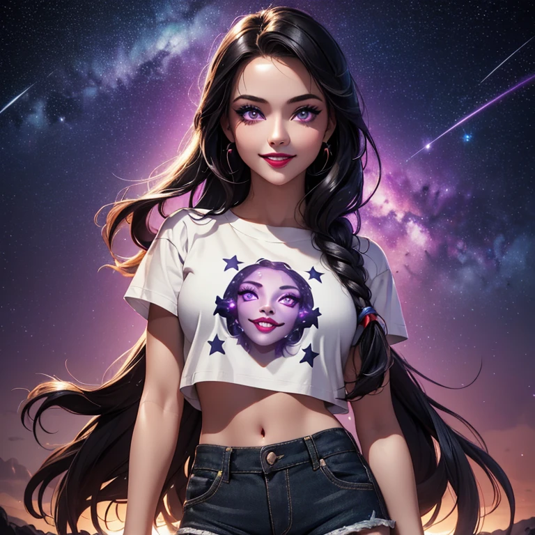 masterpiece, best quality, 8K wallpaper, HDR, octane rendering. A girl, admiring the stars using a telescope, wearing (white cropped t-shirt, shorts:1.25), night sky with bright multicolored stars, detailed and beautiful scenery, the girl has (messy and tied hair, shiny black hair:1, 2), (beautiful, detailed face with perfect symmetry), (beautiful, detailed purple eyes), (red lips, smile, teeth: 1,2), (body with perfect anatomy, perfect natural texture, high details, glowing skin) cinematic lighting, vivid colors, detailed illustration, depth of field.