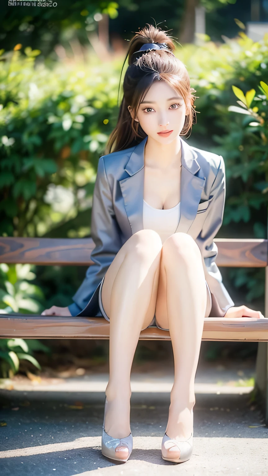 An innocent 20-year-old girl, (blazer school uniform:1.1), (high heels), (Dramatic Pose),smile, (High Ponytail),natural Park、RAW Photos, (8k, highest quality, masterpiece:1.2), (Intricate details:1.4)、(Photorealistic:1.4), Octane Rendering, Complex 3D rendering with ultra-detail, Studio Soft Light, Rim Light, Vivid details, Super Detail, Realistic skin texture, Detailed aspect, Beautiful details in the eyes, Highly detailed CG Unity 16k wallpaper, compensate, (Detailed Background:1.1), Glowing Skin, whole body, ((thin legs)), small waist, Cleavage, (looking at viewer:1.1)