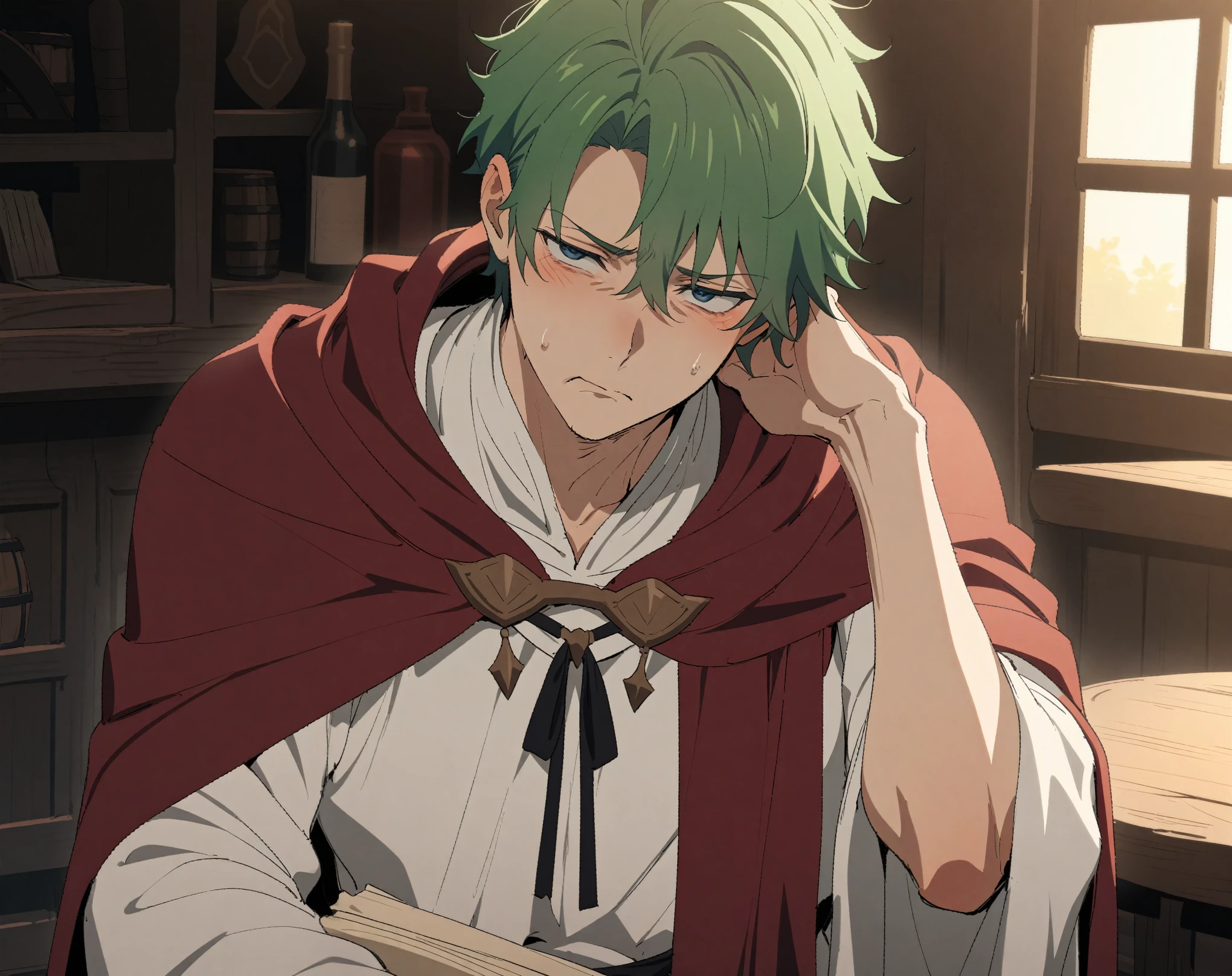 (Masterpiece, best quality, highres, portrait) {{Artist: Sincos}} 1 man, solo, mature, 24 years old, handsome, elegant, fair skin, blue eyes, short hair, green hair, mage robe, white robe, dark red cloak, tsundere, tired eyes, pouting, standing straight, looking at camera, holding parchment, in tavern, fantasy.
