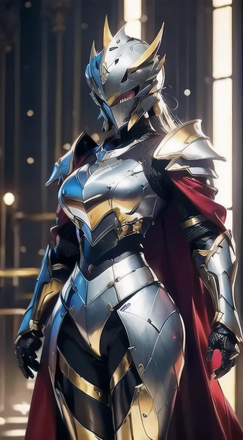 ((Full Armor)), Knight's Cloak, ((pocket)), (Yoga pants:0.5), Looking at the camera, Standing in the studio, Beautiful Face, compensate, (Photorealism:1.2), Ultra-realistic faces, (Muscle Abs), (Big Ass), (Wide Hips), (Thick thighs), Narrow waist, Hourglass Shape, Half Body, ((Glowing Skin)), ((Shiny skin)), Realistic body, (Sexy Body:1.2), (Beautiful Skin), Realistic, Bokeh, Motion Blur, masterpiece, Super Detail, Textured skin,