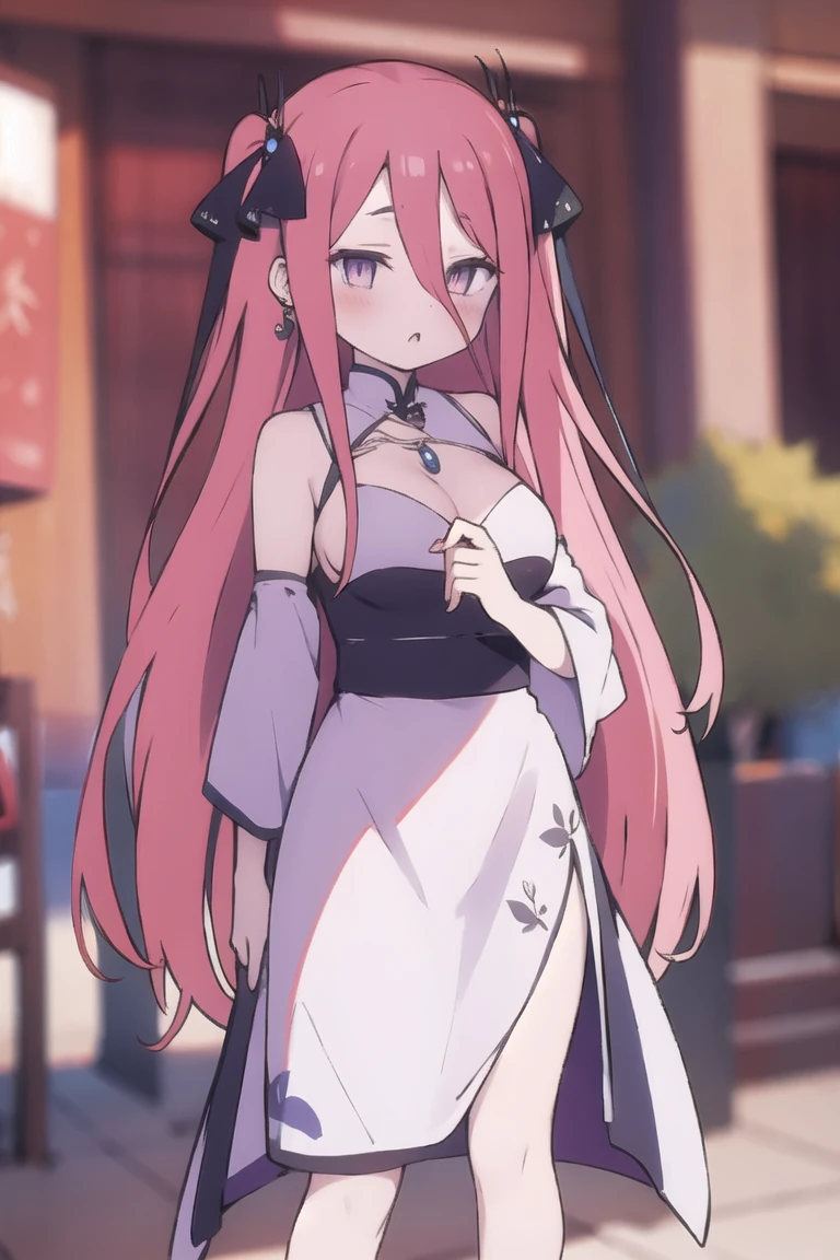 masterpiece, highest quality, One girl, long hair, hair reaches floor, extra long hair, hair on floor, purple eyes:1.5, pale skin, black and white Chinese dress, showing side of thighs, (Hollow Eyes:1.4), (Embarrassing, blush:1.1), pink hair, thick, Pussy juice, Mouth closed, hair ornaments, jewelry, necklace, Earrings, food stalls, (street:1.2), plump, medium cleavage, thick thighs, mature,