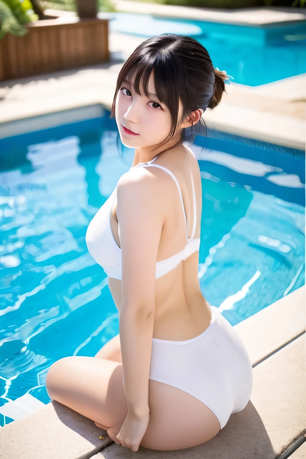 A plump 19-year-old Japanese female idol. She has double eyelids. She wears a white swimsuit. She has short black hair, The bangs are a little long. She has a big ass. She sits by the pool。 highest quality.
