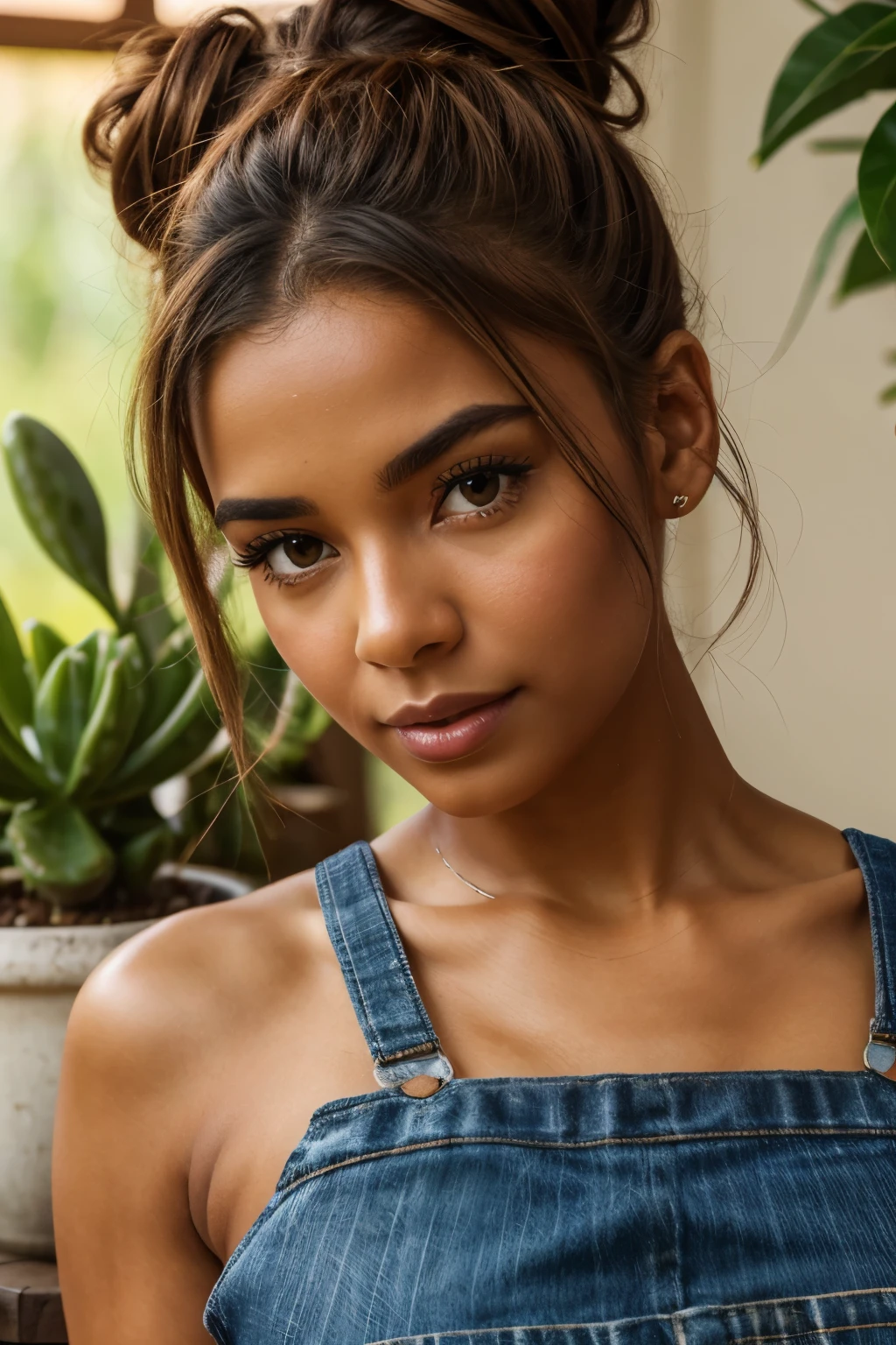 High resolution, 4k image quality, high detail, masterpiece, realistic skin, anatomically correct, sharp, ((flowering succulents, plants and flowers background)),blush orange accents, ((dark skinned, mixed culture woman 28yo)), alone, ((face details)), wearing worn overalls, gardening gloves, blonde-amber hair in messy top bun, Curvy body type, eye contact, facing the center of the screen, blush cheeks, Close your mouth and look straight ahead, ((cowboy shot)),