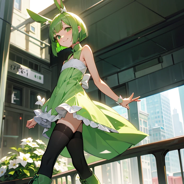 Green rabbit ears, green animal ears, a girl, bob cut, green hair, green eyes, thin eyebrows, smiling, young, alone, short, sleeveless White long flower dress,in the city, cafe, tiny, 10-year-old, baby face, thighhighs, boots