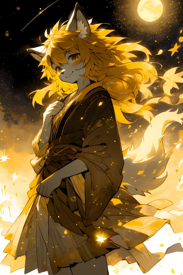 monochrome, watercolor, high resolution, top quality, best quality, Paid rewards available, High-quality illustrations, An unrivalled masterpiece, Perfect work of art, absurd, night，Stars shine，girl, Beast field, hairy, Detailed body fur, Animal Face, Animal hands, Smile,  arctic fox，Brownish-yellow hair，Long hair，A gentle breeze blows，Brown tail，hairy尾巴，exotic，Gorgeous dress，bonfire，Tsukishita Dokubu，Fan creations shared on Pixiv or other platforms ,