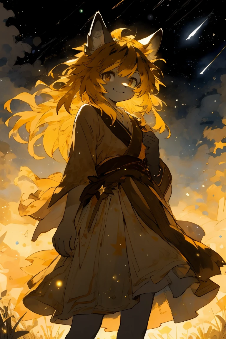 monochrome, watercolor, high resolution, top quality, best quality, Paid rewards available, High-quality illustrations, An unrivalled masterpiece, Perfect work of art, absurd, night，Stars shine，girl, Beast field, hairy, Detailed body fur, Animal Face, Animal hands, Smile,  arctic fox，Brownish-yellow hair，Long hair，A gentle breeze blows，Brown tail，hairy尾巴，exotic，Gorgeous dress，bonfire，Tsukishita Dokubu，Fan creations shared on Pixiv or other platforms ,