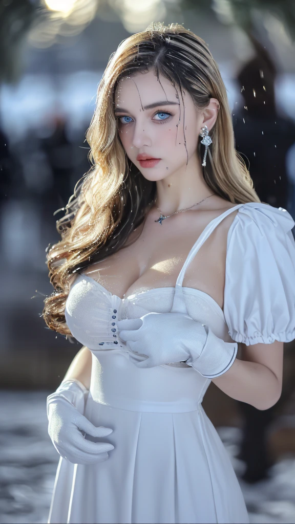 1 miniature Beautiful beautiful woman - Yuan Sayuki, ((top quality, 8K, Masterpiece:1.retty woman, 1 woman, huge breasts:1.3, a slim body:1.1, lush GINGER long hair with 2 buns, (shower, wet body, wet clothes:1.1), very detailed face, detailed lips, detailed eyes, double eyelids, Detailed blue eyes, чрезвычайно Detailed Outstanding Blue Eyes, long GINGER wet hair, GINGER wet hair, Detailed Outstanding Blue Eyes, innocent look at the viewer, very wet wavy white hair, Detailed Outstanding Blue Eyes, huge cross earrings, Outdoors, badges behind, gothic maid uniform, sexy maid dress, bare chest, huge chest tattoo, detailed huge catholic cross earrings, chest tattoo, Outside, wear a silver cross (Detailed cross shape), reality mode, wet breasts, black necklace, human crowd behind, black latex gloves, hair of white snowy colour, night time, red neon lights, demonic nun, nimbus (golden lighting ring above her head), angel, snowy weather, sexy pose, white lingerie, black maid dress, detailed flower wreath made of different colours, open chest