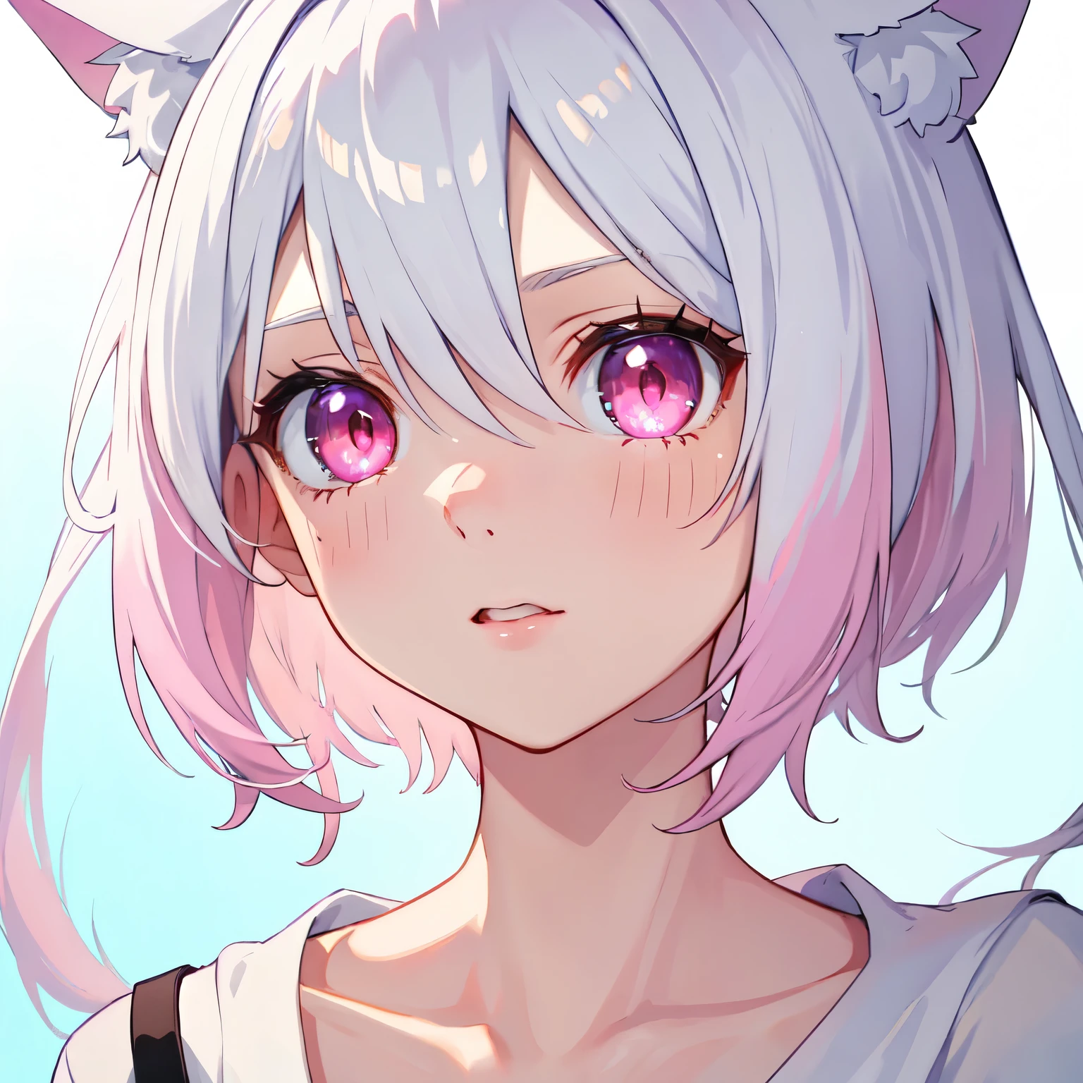 ((best quality)), ((masterpiece)), (detailed), perfect face. White hair. Short hair. Inner pink hair. Anime girl. Pink eyes. Glowing eyes. Nekomimi. T-shirt.