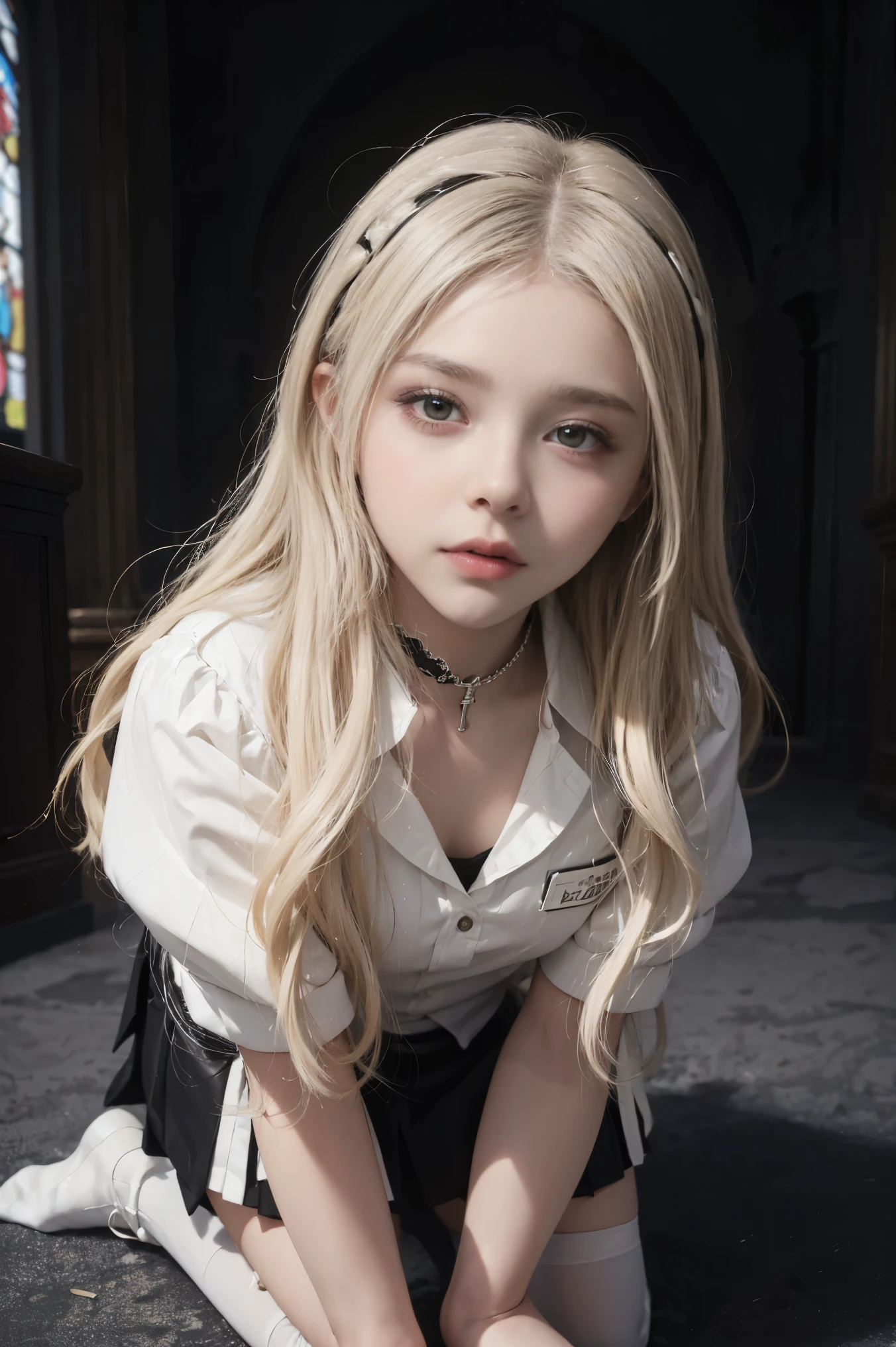 POV, Chloe Grace Moretz, long blonde hair, white hair, School girl, white and black uniform, white and black skirt, black lace choker, white lace thigh highs, looking at viewer, inside church background, kneeling on floor, seductive, dark eyeliner, sexy eyeliner, looking up at viewer