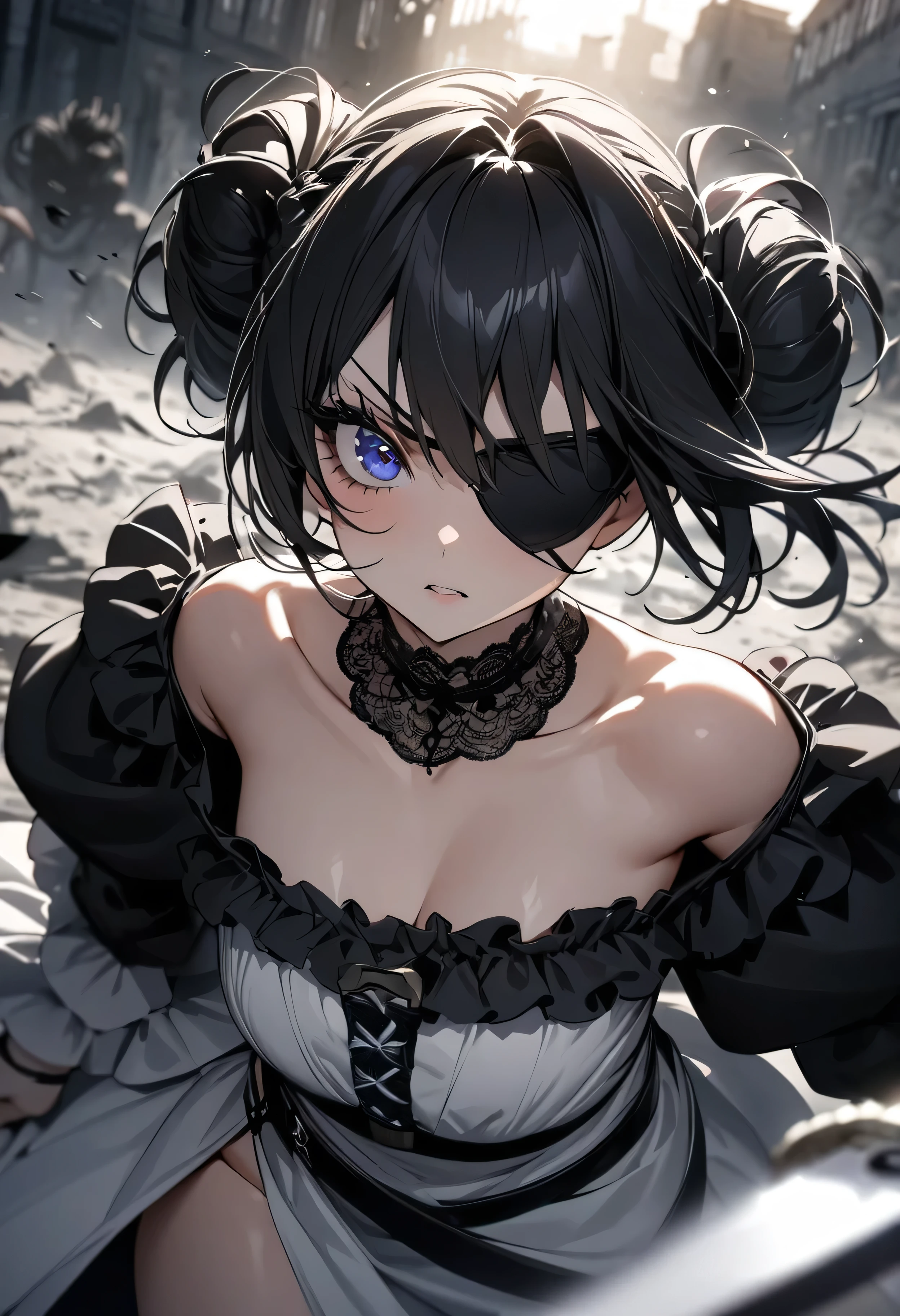 (masterpiece:1.2), (highest quality:1.2), Perfect Eyes, Perfect Face, Perfect lighting, One girl,bob, Complicated hairstyle, compensate, Thick eyelashes, Dressed as a goth girl, Black and white dress, Frills, ribbon, Puffy sleeves, Exposing shoulders, Lace choker,fighting,battle field,katana,Eye patch