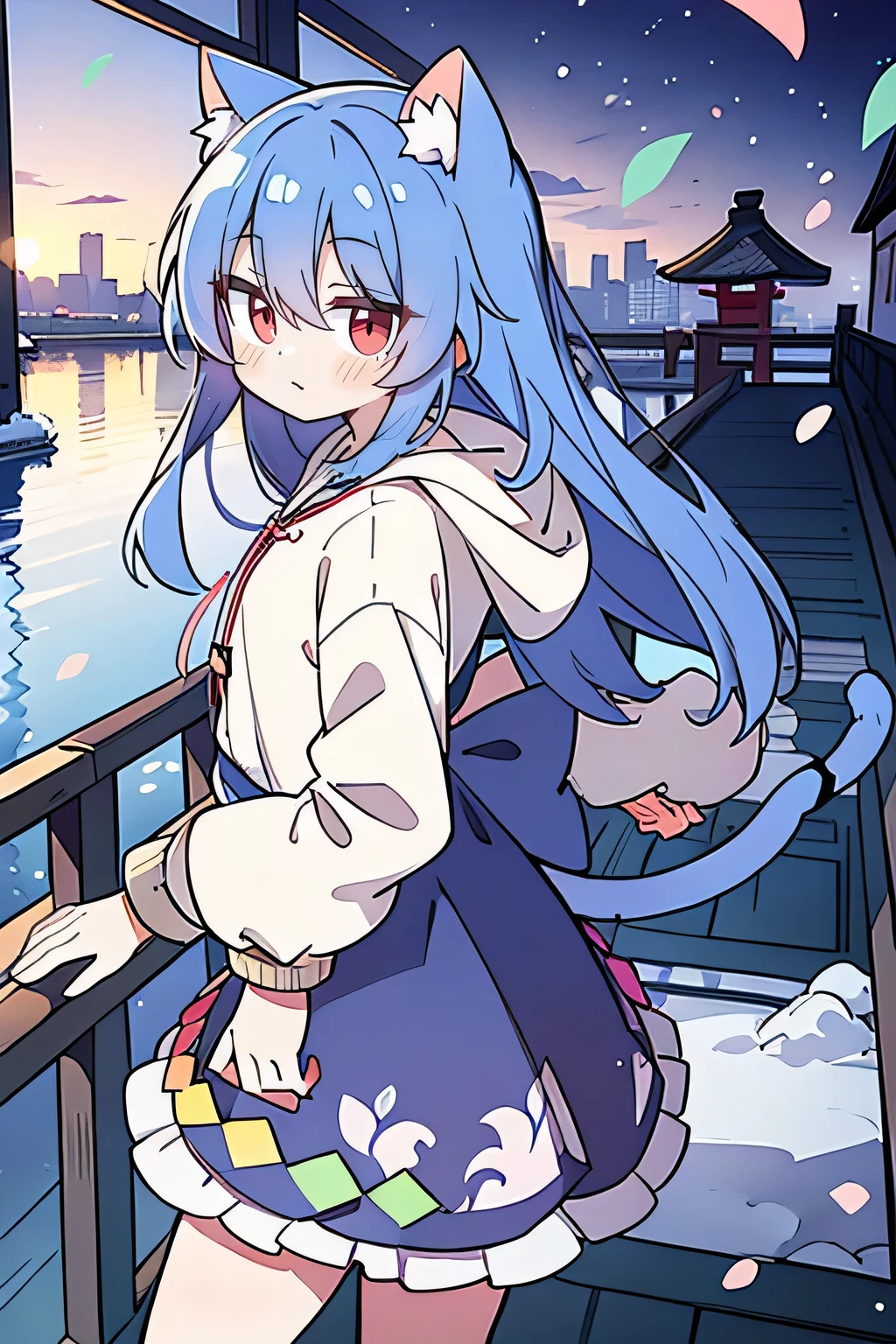 (masterpiece:1.2),Super detailed,lifelike,Expressive eyes,fair skin,perfect face shape,1 girl,
Japanese comics,Gorgeous blue hair,flowing blue hair,flowing clothes,Cat ears,Petals fall,beautiful lola,Baby Angel,sunrise,
Shaking head with one hand,Cross your legs,Gentle and peaceful background,The pavilion is cool and comfortable,smile, wearing hoodie, background of tokyo,back views,snowing, winter.