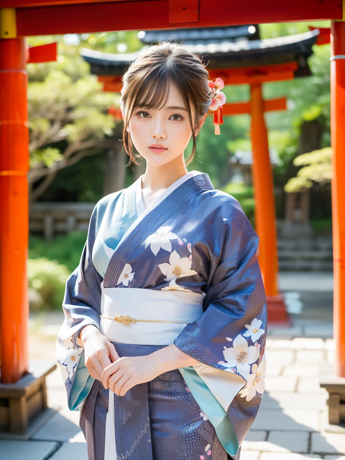(highest quality:1.5)、(Real:1.5)、(1 person:1.5)、Medium Shot、(Very detailed)、(High resolution)、8k、Normal milk、Natural color lip、Japanese women、24 year old girl、Thin eyebrows、Beautiful and elegant face、Cute face、Arched thin eyebrows、(Large, balanced eyes)、Big Eyes、Fair skin、Beautiful and elegant face、Natural Bangs、Beautiful and thin nose、 Beautiful Skin、Medium Bob Hair、Natural Bangs、Perfect and beautiful facial features、Slim face and figure、(Bright lighting)、Professional Lighting、(Lighting from the front)、Outdoor、Cute and sexy slim 24 year old woman、Fair skin、(A dreamy look)、(Kimono with furisode)、(Normal milk)、(Stand in front of the torii gate, facing forward)、Simple poses、(Beautiful Obi)、(First visit to a shrine)、(Vermilion torii gate)、(Japanese style floral pattern:1.0)、(Traditional Japanese classic patterns:1.2)、Japanese style hairpin、Japan hairpins、A series of torii gates、A shrine with many torii gates、