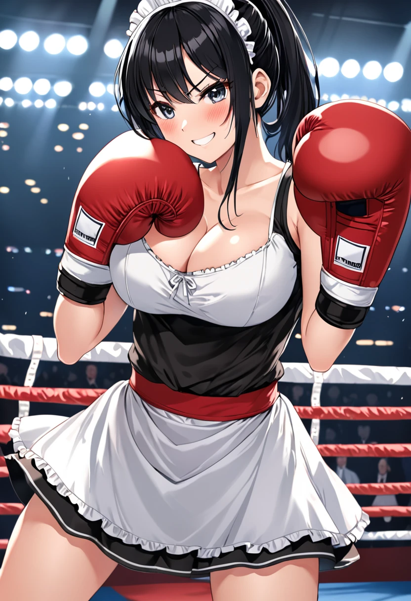 high quality, girl, Long black hair tied into a ponytail, Smile,blush,Wearing a maid outfit, Black knee socks,Wearing white boxing gloves, Standing alone in the boxing ring, Hands in boxing gloves,Throw a punch,nipple,Large Breasts