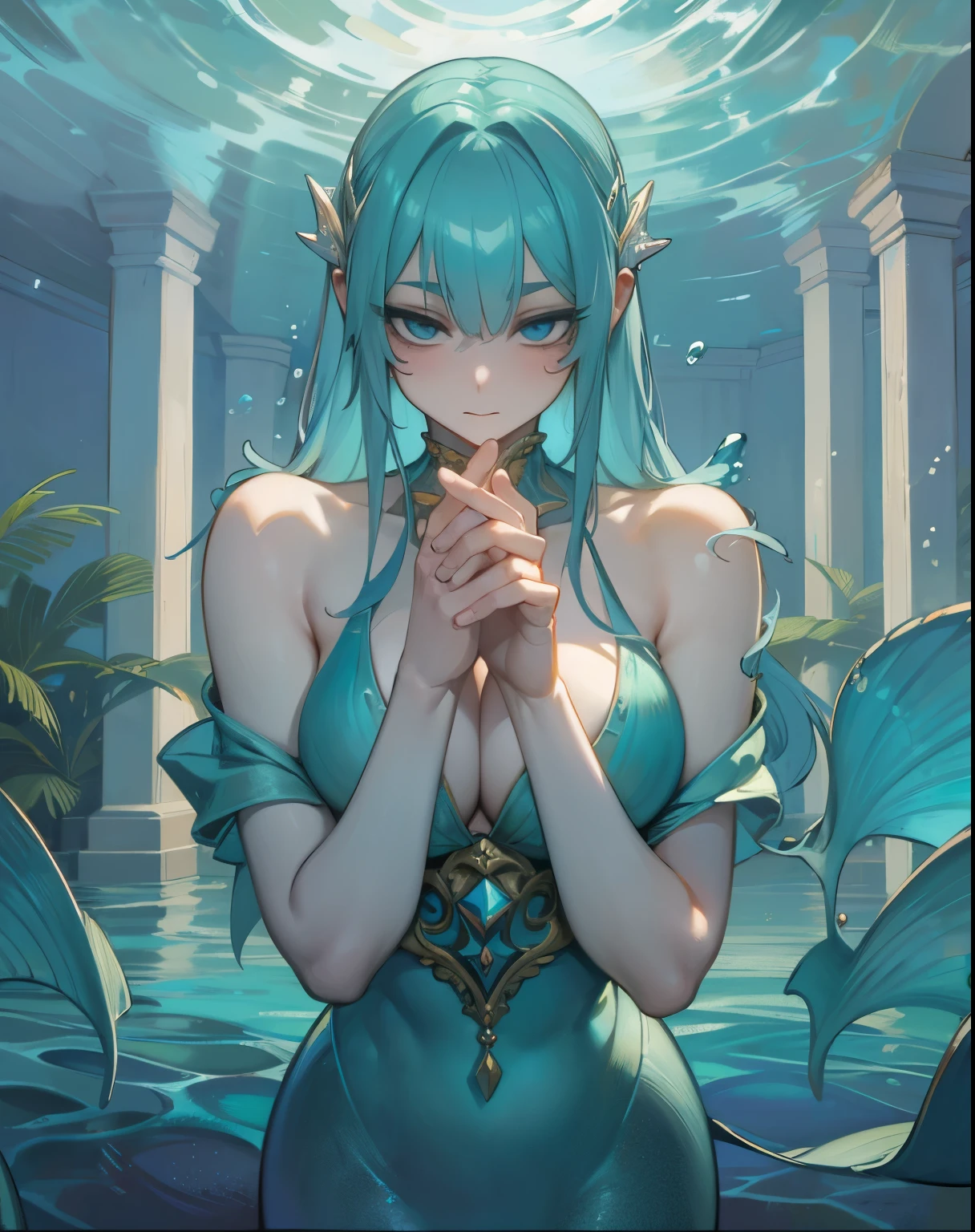 flat chests, nsfw, masterpiece, 1 girl, erect nipples, intricately detailed, topless, navel, bare shoulders, necklace, blue hair, embarrassed, loincloth, rock, gold trimmings, gold circlet, extremely detailed, photorealistic, octane render, 8 k, unreal engine, bare breasts, puffy nipples, closed eyes, carrying staff, blue gemstone, fantasy, enchanted, trident, magical, mage, bare stomach, sweaty, moist breath, child, arm strap, 1 side braid, atlantis, gold crown, underwater, swimming, gold arm strap, fish, corals, full body