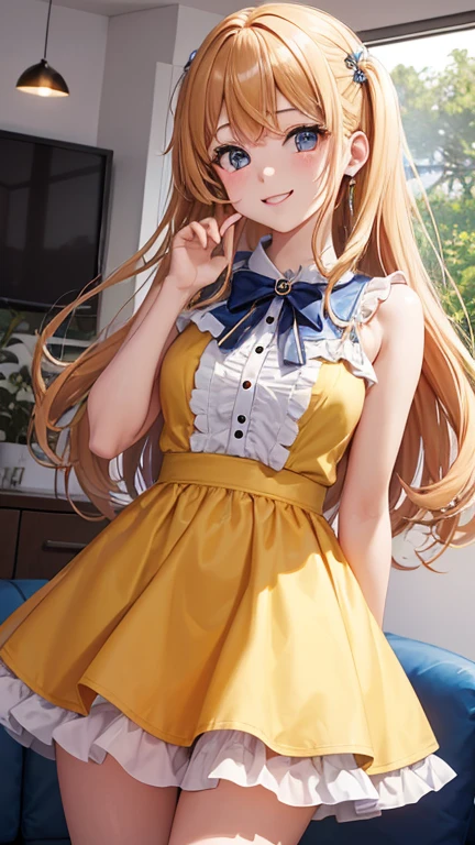 1 chica, Bandori, Saya Yamabuki, estilo animado, Cuerpo delgado, Chica anime con vestidos elegantes, largos y brillantes de color amarillo con mangas largas, long brown hair, rizado y polvoriento, recogido en una coleta alta, generalmente atado con una cinta., ojos azules reales rasgados, sonrisa, boca abierta, feliz, directly in the living room with birthday decorations, fondo de pantalla de arte anime, 4k, mejor calidad