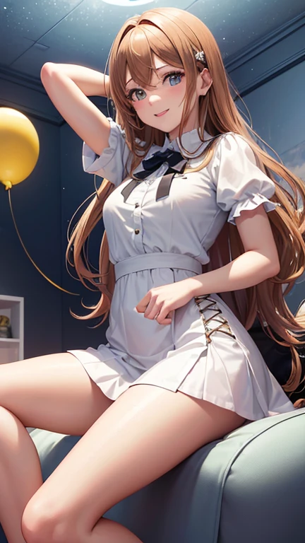 anime, masterpiece, cute girl, no panties, spread legs, squatting, white over kneehighs, red frill mini skirt, magical girl outfit,  large breasts, bronze hair, long hair, (hime cut:1.4), pussy juice, detail, 4k, sexy, good pupil, 4k, detailed