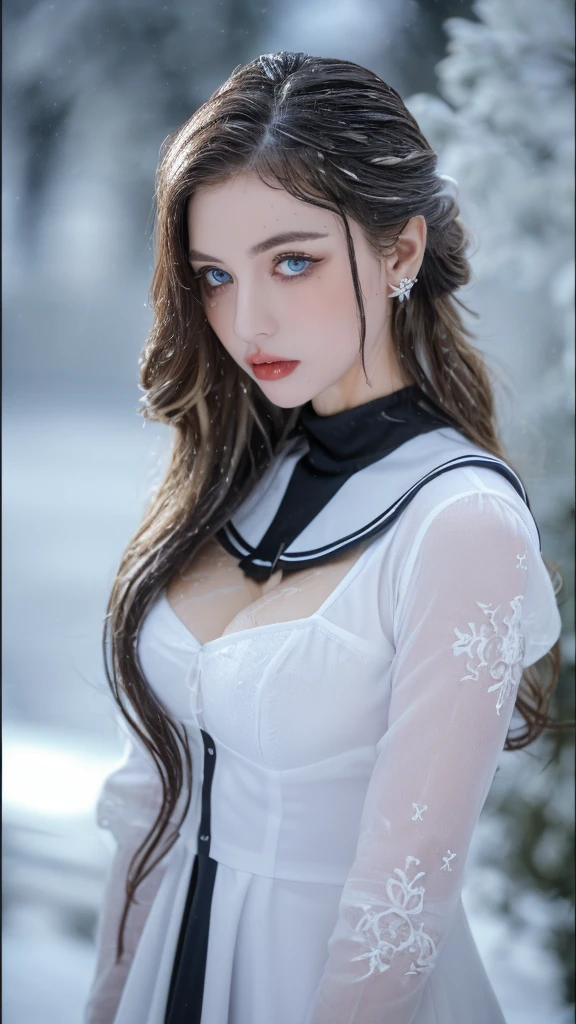 1 miniature Beautiful beautiful woman - Yuan Sayuki, ((top quality, 8K, Masterpiece:1.retty woman, 1 woman, huge breasts:1.3, a slim body:1.1, lush GINGER long hair with 2 buns, (shower, wet body, wet clothes:1.1), very detailed face, detailed lips, detailed eyes, double eyelids, Detailed blue eyes, чрезвычайно Detailed Outstanding Blue Eyes, long GINGER wet hair, GINGER wet hair, Detailed Outstanding Blue Eyes, innocent look at the viewer, very wet wavy white hair, Detailed Outstanding Blue Eyes, huge cross earrings, Outdoors, badges behind, gothic maid uniform,  sexy maid dress,  chest, huge chest tattoo, detailed huge catholic cross earrings, chest tattoo, Outside, wear a silver cross (Detailed cross shape), reality mode, wet breasts, black necklace, human crowd behind, black  gloves, hair of white snowy colour, night time, red neon lights, demonic nun, nimbus (golden lighting ring above her head), angel, snowy weather, sexy pose, white , black maid dress, detailed flower wreath made of different colours, open chest