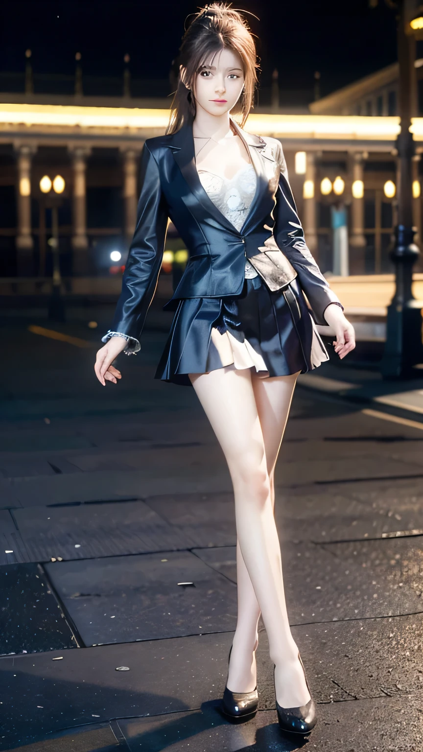 An innocent 20-year-old girl, (blazer school uniform:1.1), (high heels), (Dramatic Pose),smile, (High Ponytail),natural Park、RAW Photos, (8k, highest quality, masterpiece:1.2), (Intricate details:1.4)、(Photorealistic:1.4), Octane Rendering, Complex 3D rendering with ultra-detail, Studio Soft Light, Rim Light, Vivid details, Super Detail, Realistic skin texture, Detailed aspect, Beautiful details in the eyes, Highly detailed CG Unity 16k wallpaper, compensate, (Detailed Background:1.1), Glowing Skin, whole body, ((thin legs)), small waist, Cleavage, (looking at viewer:1.1)