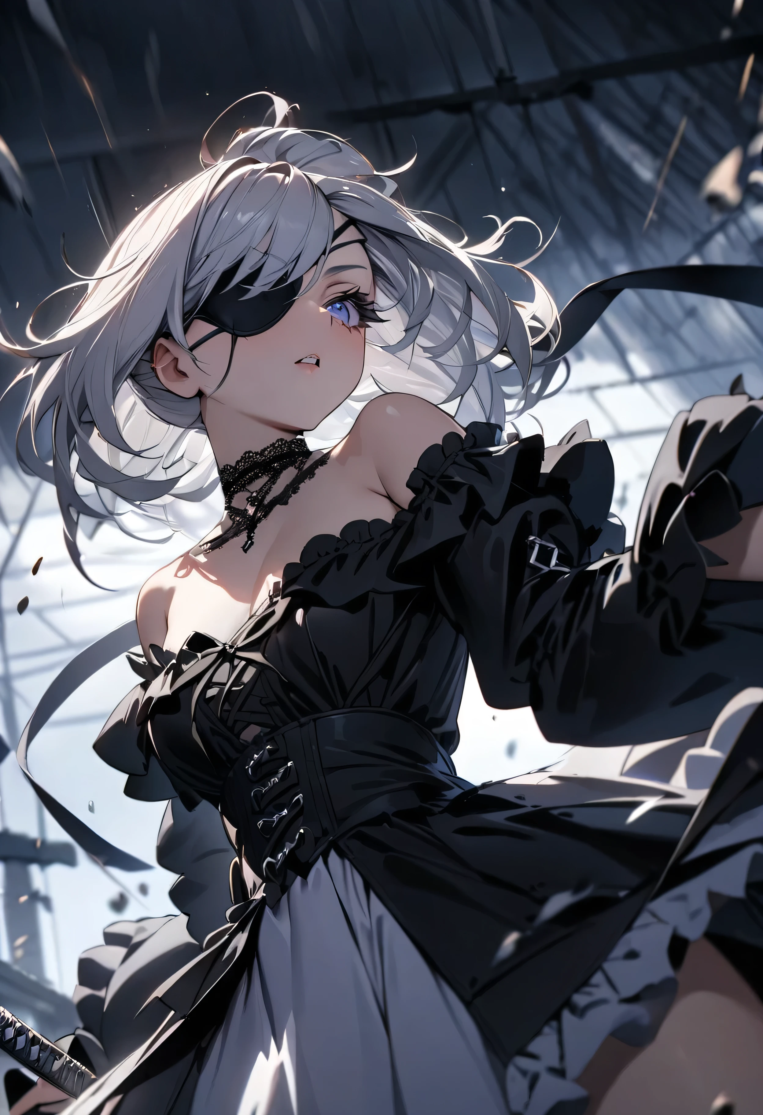 (masterpiece:1.2), (highest quality:1.2), Perfect Eyes, Perfect Face, Perfect lighting, One girl,bob, Complicated hairstyle, compensate, Thick eyelashes, Dressed as a goth girl, Black and white dress, Frills, ribbon, Puffy sleeves, Exposing shoulders, Lace choker,fighting,battle field,katana,Eye patch,from below