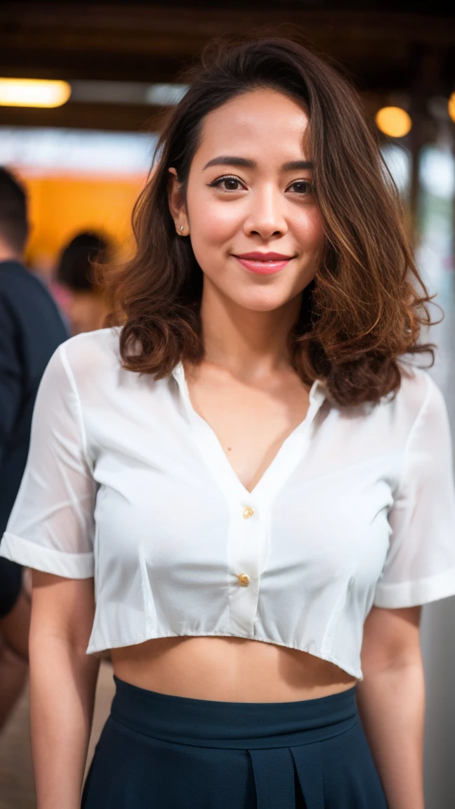 ((Best Quality)), ((8K)), ((Masterpiece: 1.3)), (Perfect Appearance), (Photorealism: 1.6), (Woman Walking), (Crowded Festival Venue), Japanese, female, 36 years old, ((realistic skin texture)), (overall skin fine lines: 1.3), (skin dullness: 1.1), (moisturized skin: 1.2) , (Wrinkles on face: 0.9), (Wrinkles on the corners of the eyes: 1.2), Double eyelids, tear sacs on lower eyelids, (Crying moles: 0.9), Eyes facing towards you, serious gaze, (Dimples: 1.2), Round Face, bulbous nose, buck teeth, eyes set far apart: 1.2, round and big eyes, plump cheeks, round chin, wide forehead, short bangs, long, unkempt hair, long hair with curls at the ends, smile with the corners of the mouth turned up, blouse made of soft fabric, wide forehead Sleeves, cuffs that fit the wrist, flared skirt, high heels, small breasts, (Portrait from the waist up: 1.4),