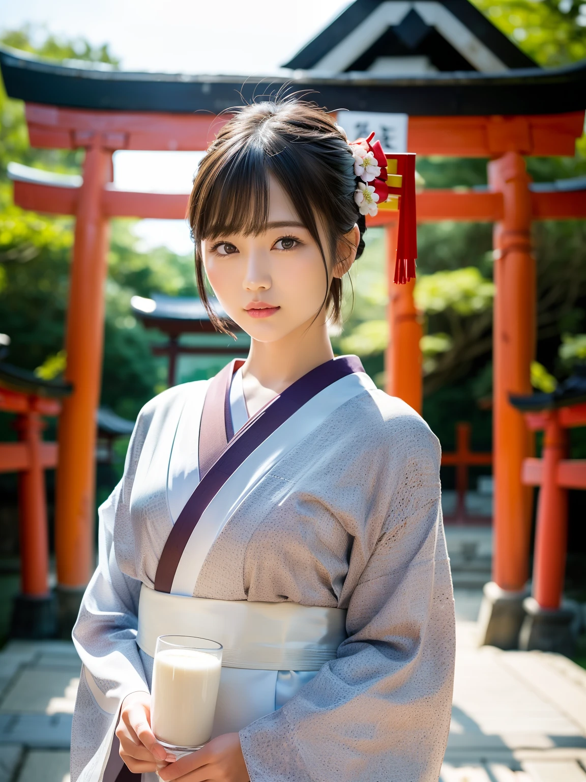 (highest quality:1.5)、(Real:1.5)、(1 person:1.5)、Medium Shot、(Very detailed)、(High resolution)、8k、Normal milk、Natural color lip、Japanese women、24 year old girl、Thin eyebrows、Beautiful and elegant face、Cute face、Arched thin eyebrows、(Large, balanced eyes)、Big Eyes、Fair skin、Beautiful and elegant face、Natural Bangs、Beautiful and thin nose、 Beautiful Skin、Medium Bob Hair、Natural Bangs、Perfect and beautiful facial features、Slim face and figure、(Bright lighting)、Professional Lighting、(Lighting from the front)、Outdoor、Cute and sexy slim 24 year old woman、Fair skin、(A dreamy look)、(Kimono with furisode)、(Normal milk)、(Stand in front of the torii gate, facing forward)、Simple poses、(Beautiful Obi)、(First visit to a shrine)、(Vermilion torii gate)、(Japanese style floral pattern:1.0)、(Traditional Japanese classic patterns:1.2)、Japanese style hairpin、Japan hairpins、A series of torii gates、A shrine with many torii gates、
