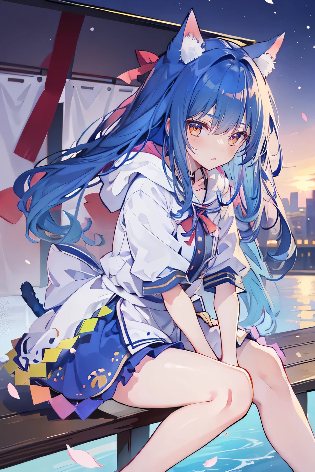 (masterpiece:1.2),Super detailed,lifelike,Expressive eyes,fair skin,perfect face shape,1 girl,
Japanese comics,Gorgeous blue hair,flowing blue hair,flowing clothes,Cat ears,Petals fall,beautiful lola,Baby Angel,sunrise,
Shaking head with one hand,Cross your legs,Gentle and peaceful background,The pavilion is cool and comfortable,smile, wearing hoodie, background of tokyo,back views,snowing, winter.