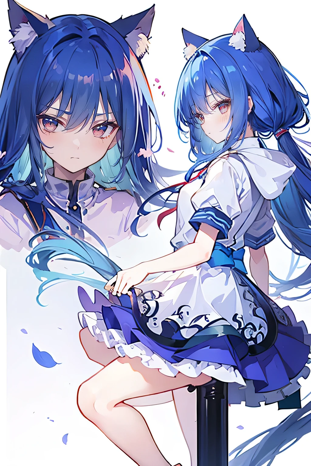 （masterpiece：1.2），Super detailed，lifelike，Expressive eyes，fair skin，perfect face shape，1 girl，
Japanese comics,Gorgeous blue hair,flowing blue hair,flowing clothes,Cat ears,Petals fall,beautiful lola,Baby Angel,sunrise,
Shaking head with one hand，Cross your legs，Gentle and peaceful background，The pavilion is cool and comfortable,smile, wearing hoodie, background of tokyo,back views,snowing, winter.