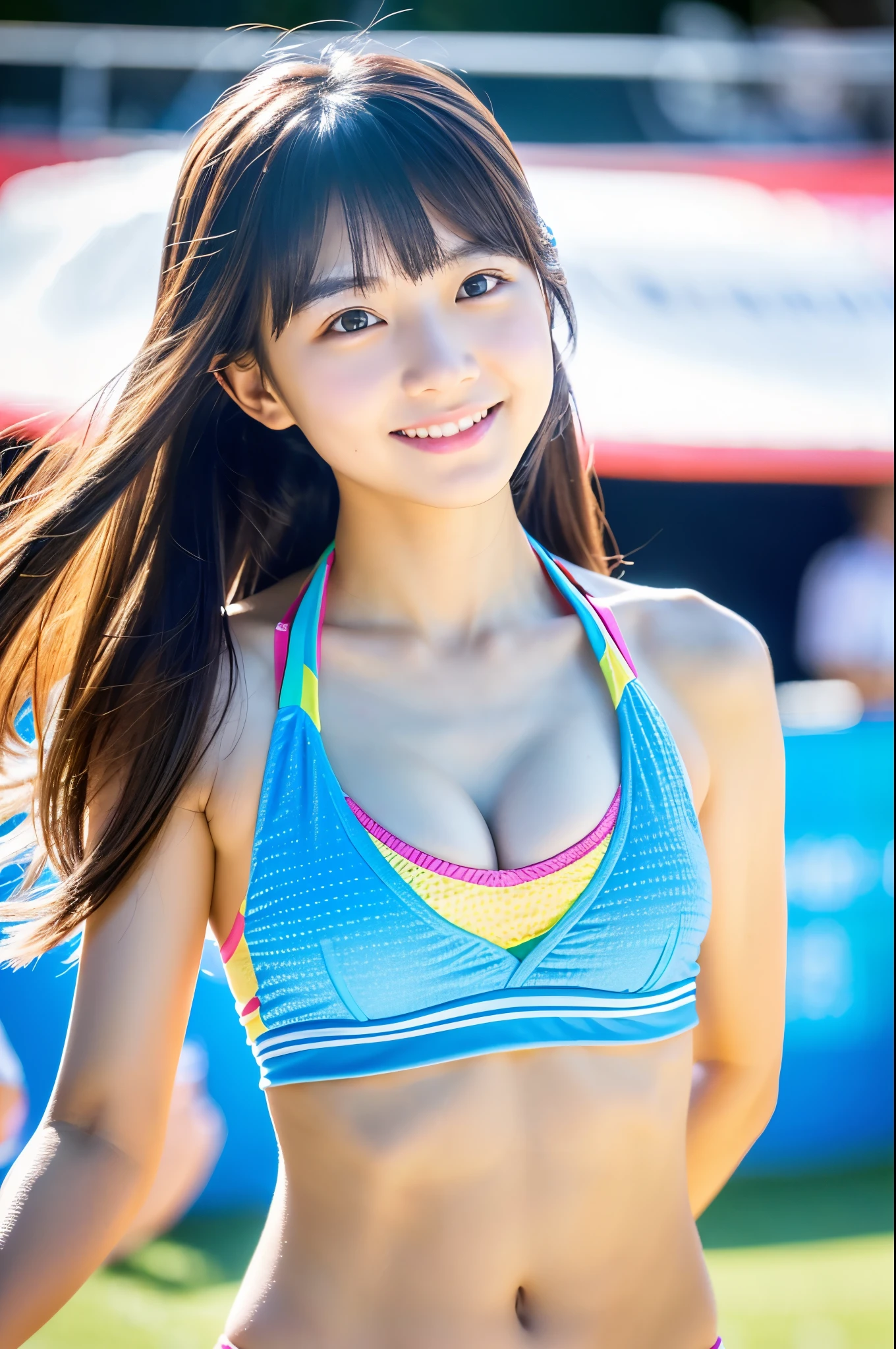 アイドルのようにvery cute、Cute and adorable、歳のYoung faceの高校生少女, Young face、very cute、Smiling Kindly、Cheerleader、The uniform is a bikini type.、Cleavage-revealing design、Cheering at a soccer match、Full body portrait、 Natural light、Accurate、Anatomically correct、Textured skin、Super Detail、 Attention to detail、highest quality、High resolution、Real、realism、Raw photo、Genuine、masterpiece