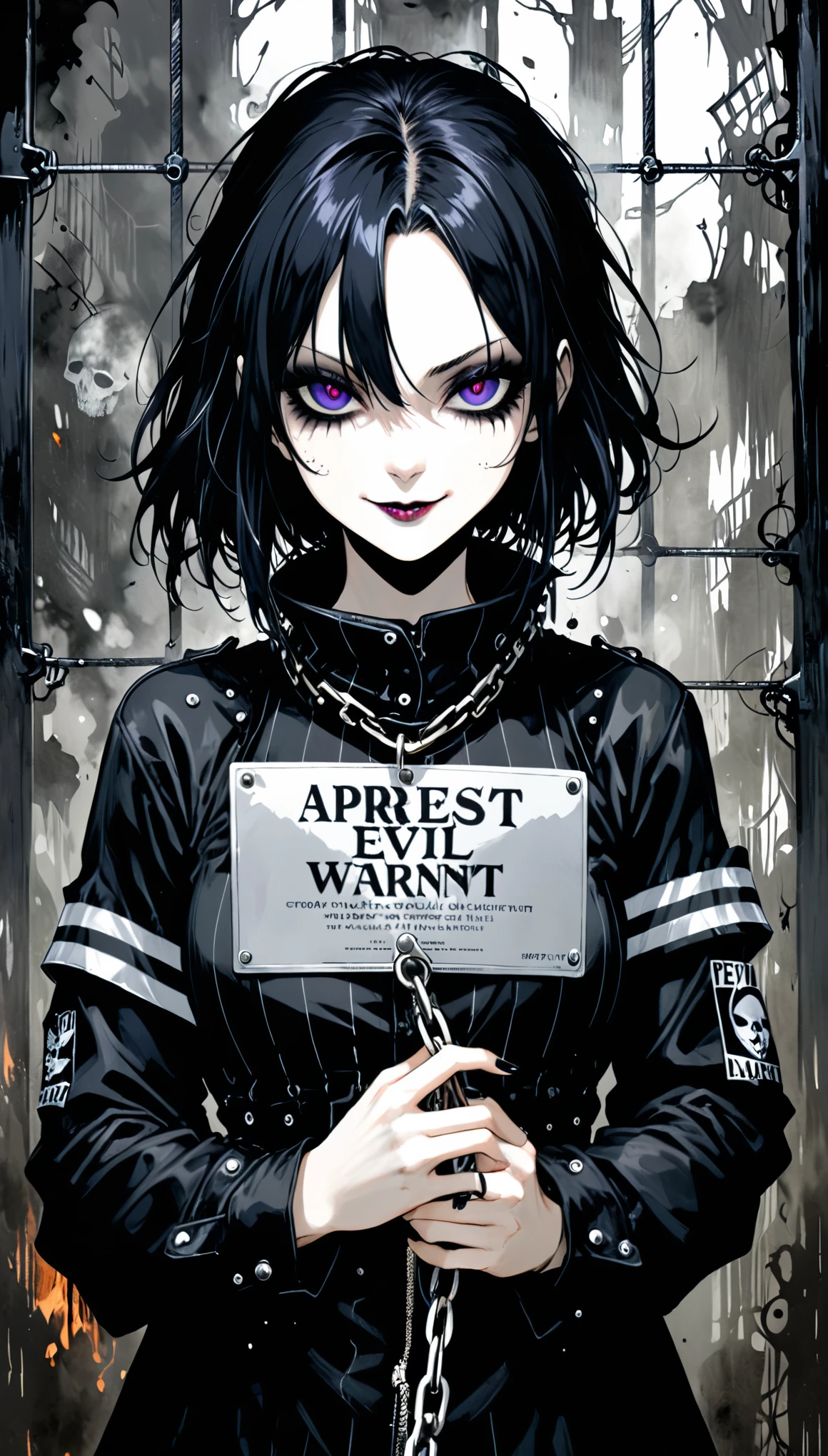 ((in style burn accumulates matumoto)),(in style of Ashley Wood:1.2),(in style of Harry Clarke:0.5)(arrest warrant image design:1.5),half body,(prisoner costumes:1.2),(goth-punk style:1.4),famous characters,detail eyes,detail iris,(evil smile:1.2),detail on both hands,magical background,dynamic action,