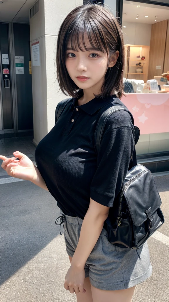 muste piece, best quality, illustration, Super detailed, fine details, High resolution, 8K,wall paper, perfect dynamic composition,(Details High quality, realistic depiction of eyes:1.3), oversized collared polo shirt, shorts women, small backpack, short bob hair, black hair color, Big Natural Color Lip, sexy pose, crying a little、cold gaze, Harajuku style、20 year old girl、cute type、ta, hposing Gravure Idol, full body photo、focus on crotch, huge breasts